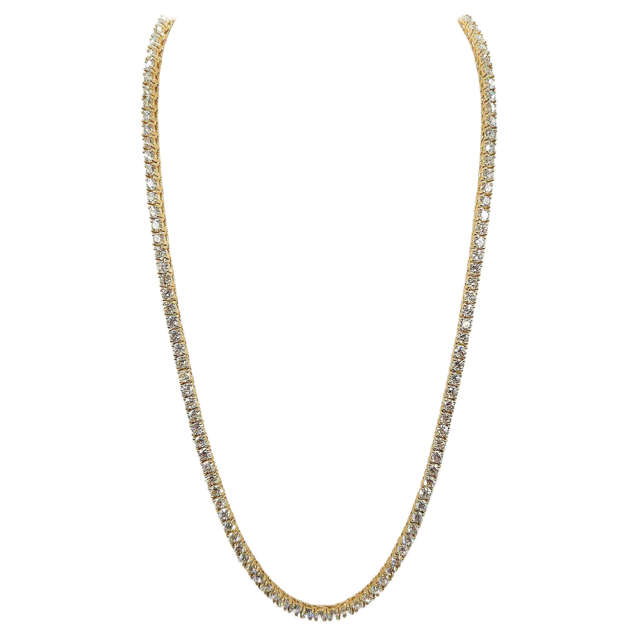 22.35 Carat Brilliant Cut Diamond Tennis Necklace 14 Karat Yellow Gold 20''