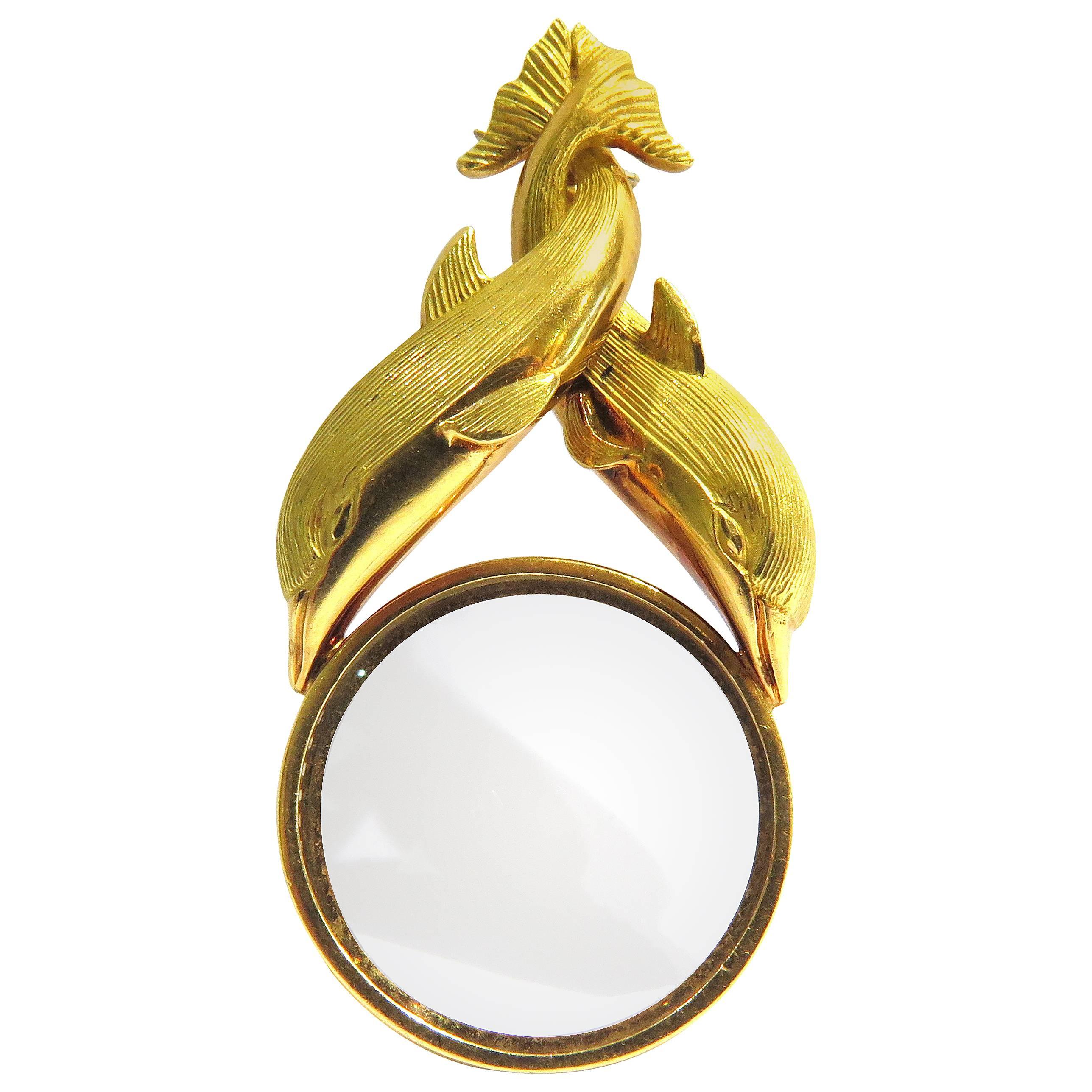 French Entwined Dolphins Magnifying Glass Gold Charm Pendant