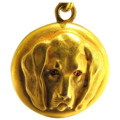 Incredibly Detailed Art Deco Ruby Gold Dog Locket Charm Pendant