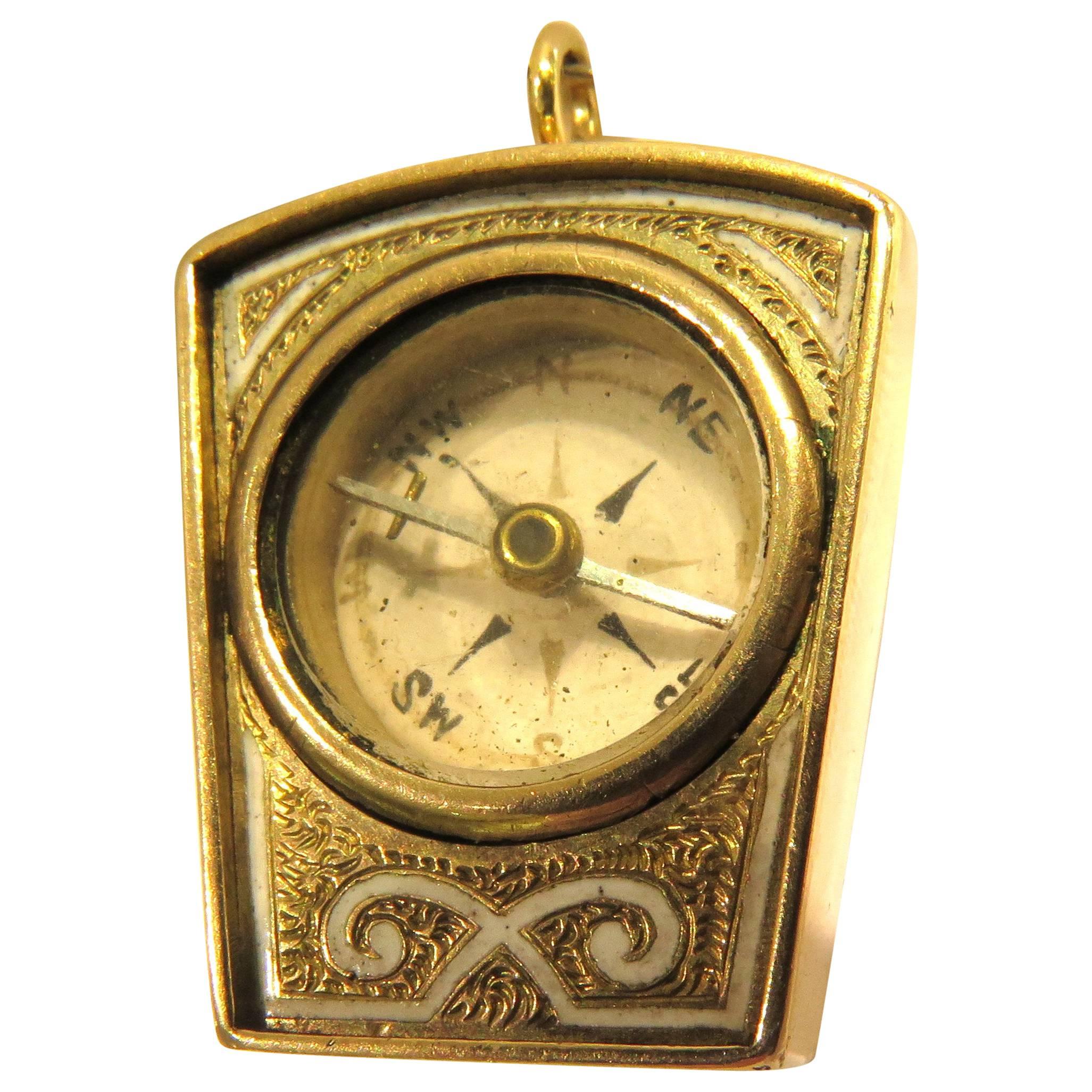Antique Masonic Enamel Gold Compass Charm Pendant For Sale
