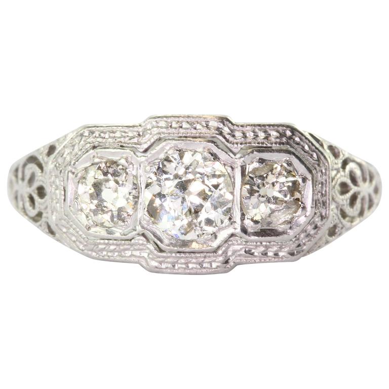 1900s Art Nouveau Diamond Gold Platinum 3 Stone Engagement Ring At 1900s Art Nouveau Diamond Gold Platinum 3 Stone Engagement Ring For
