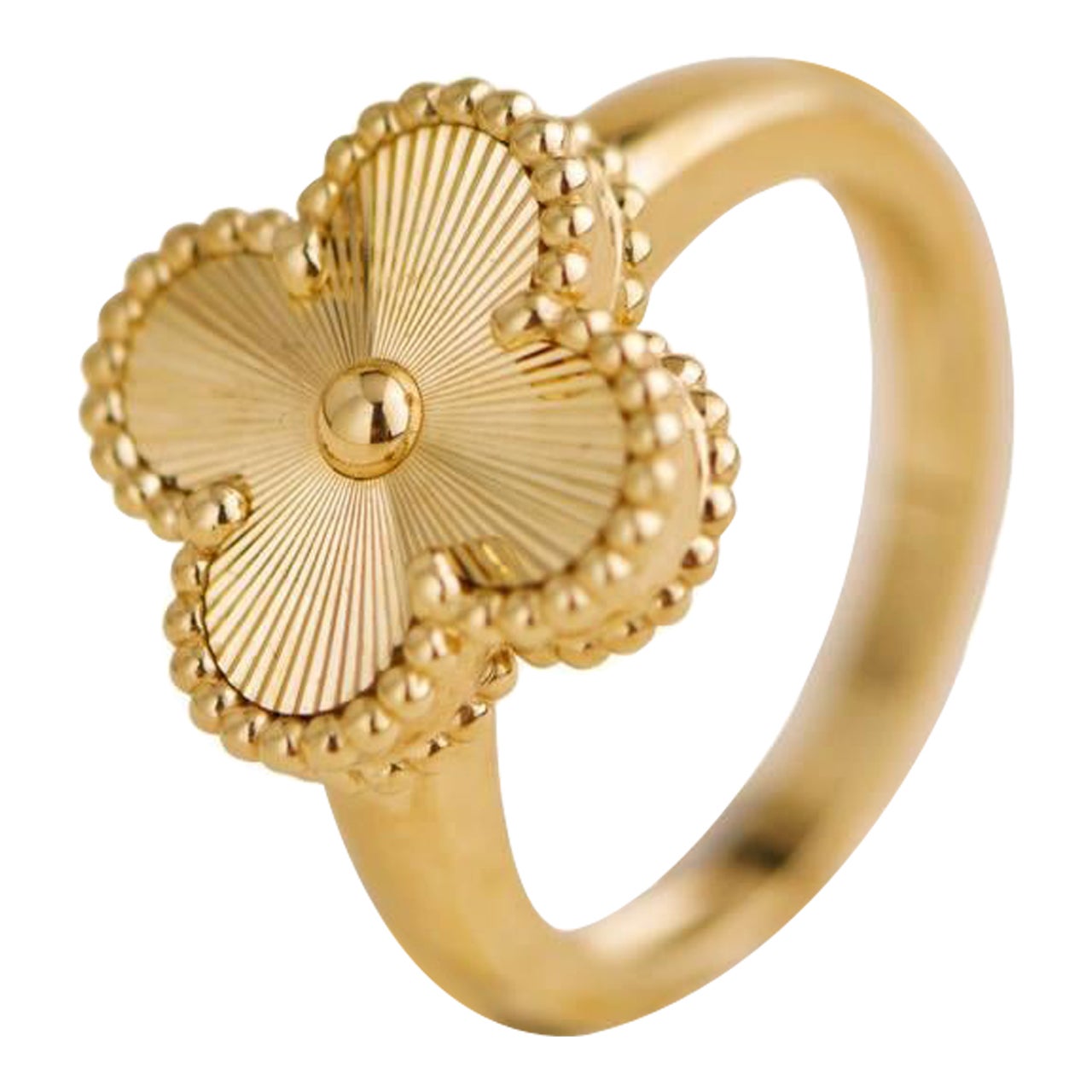 Van Cleef & Arpels Guilloché Alhambra 18k Yellow Gold Ring Size 54 For Sale