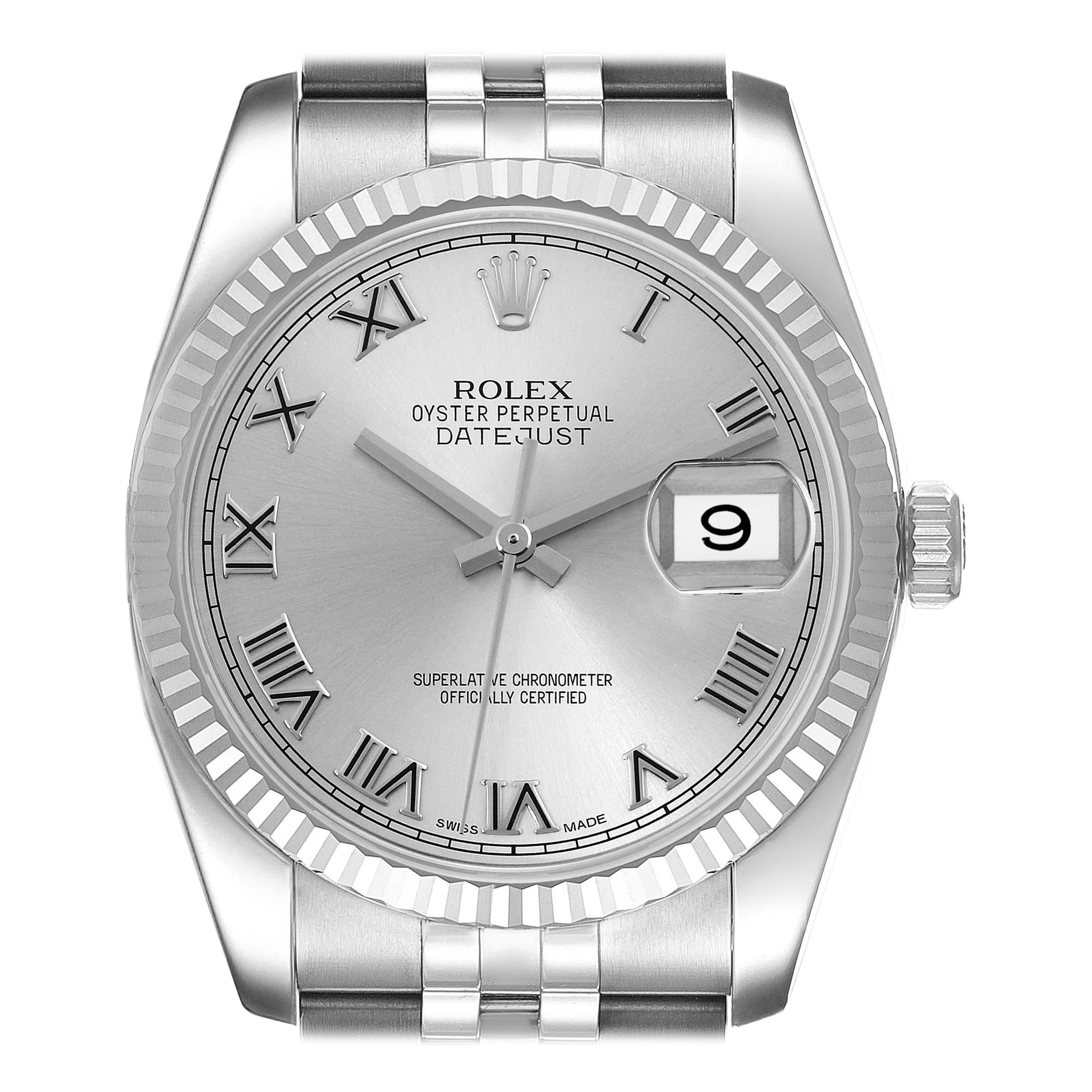 Rolex Datejust Steel White Gold Silver Roman Dial Mens Watch 116234 For Sale