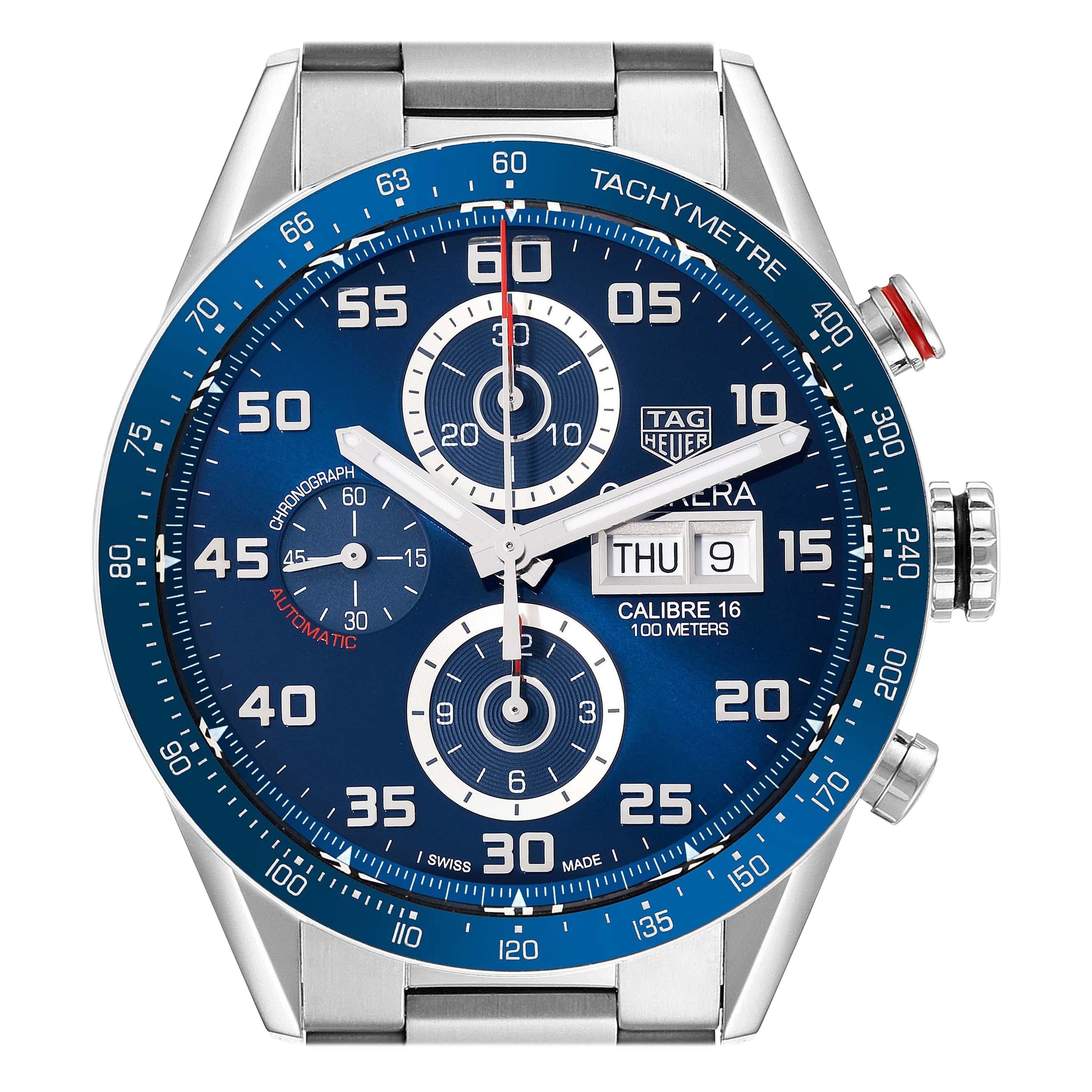 Tag Heuer Carrera Blue Dial Chronograph Steel Mens Watch CV2A1V Box Card For Sale