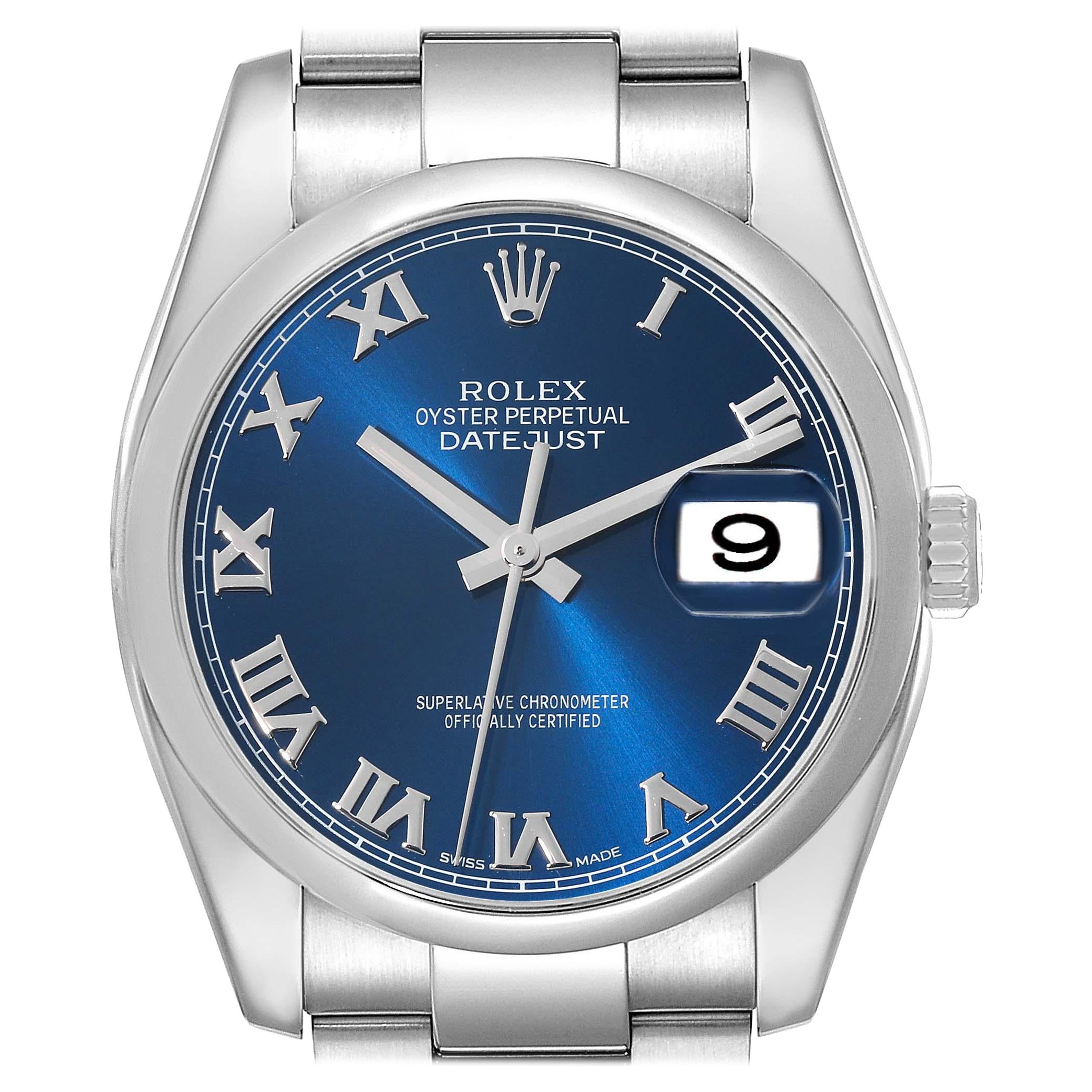 Rolex Montre Datejust pour hommes 116200 avec cadran romain bleu et bracelet Oyster