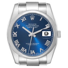 Rolex Datejust Blue Roman Dial Oyster Bracelet Steel Mens Watch 116200 Box Card