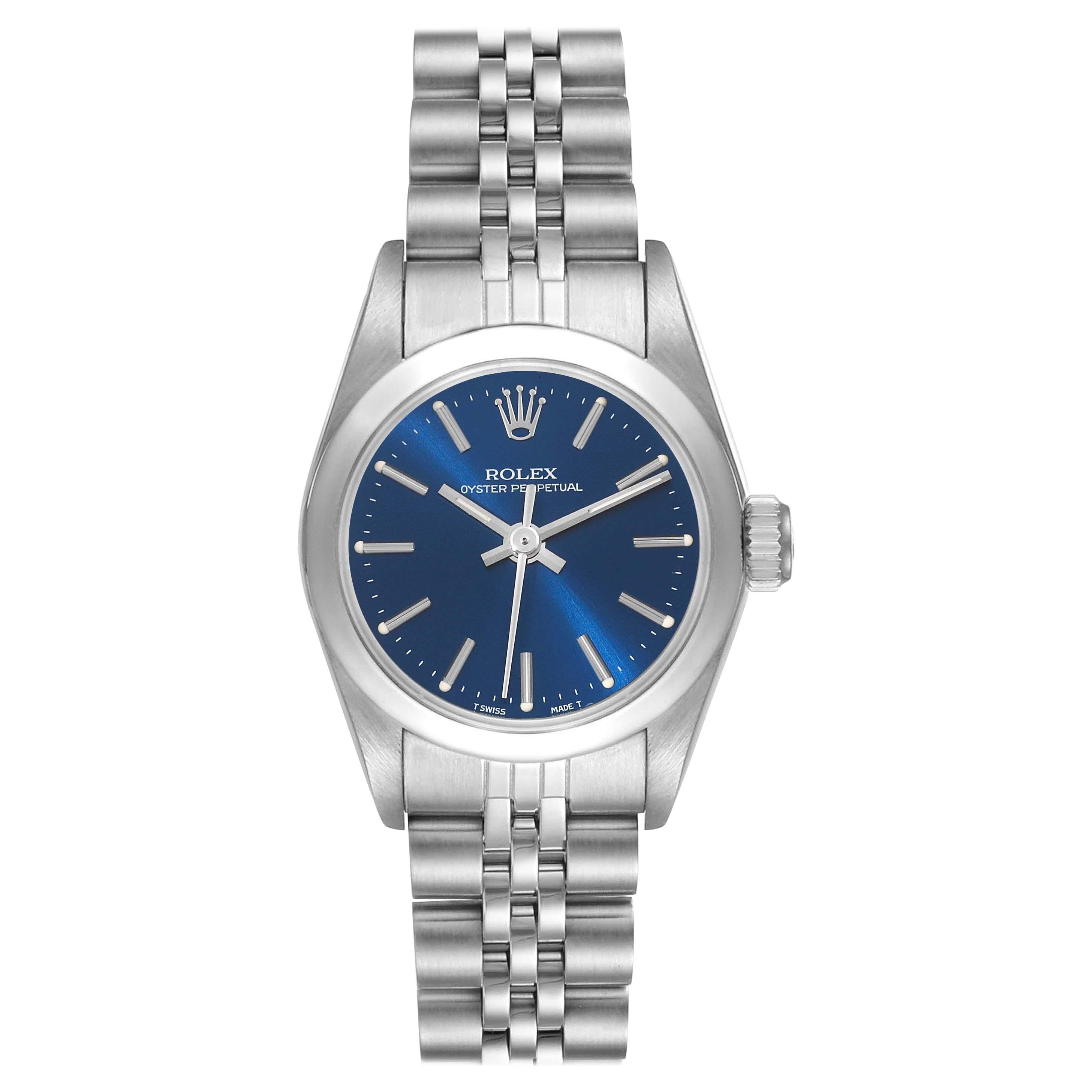 Rolex Oyster Perpetual Non Date Blue Dial Steel Ladies Watch 67180 Box Papers For Sale