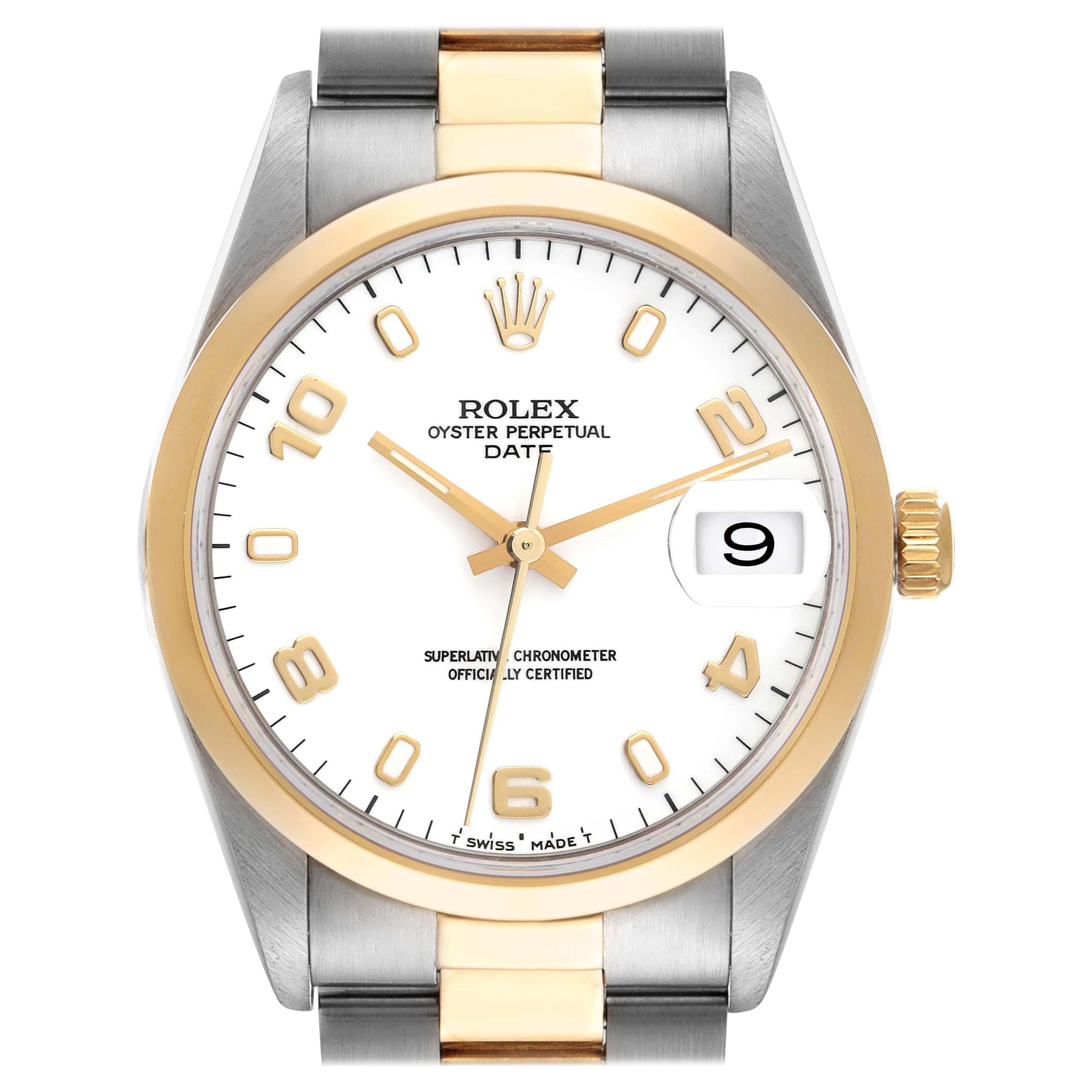 Rolex Date Steel Yellow Gold White Dial Mens Watch 15203 Box Papers