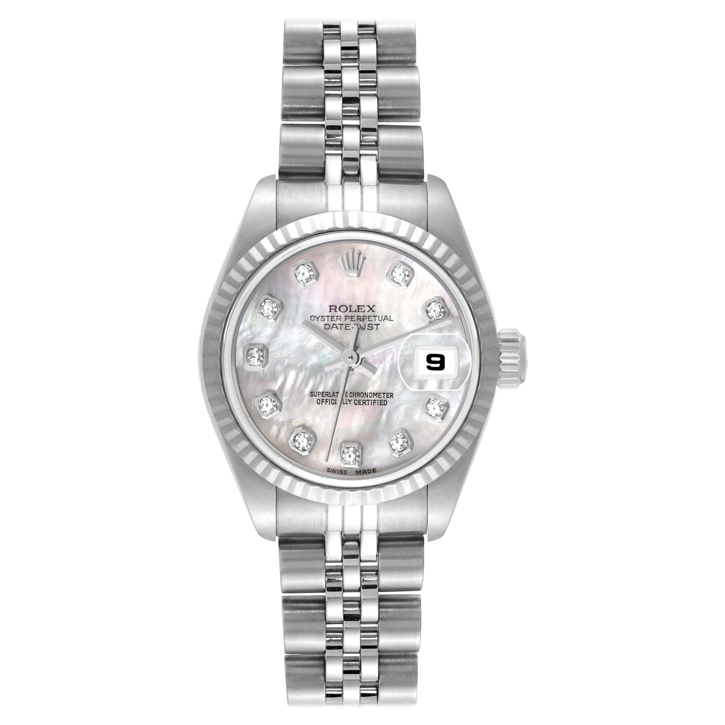 Rolex Datejust Steel White Gold Mother of Pearl Diamond Dial Ladies Watch 79174