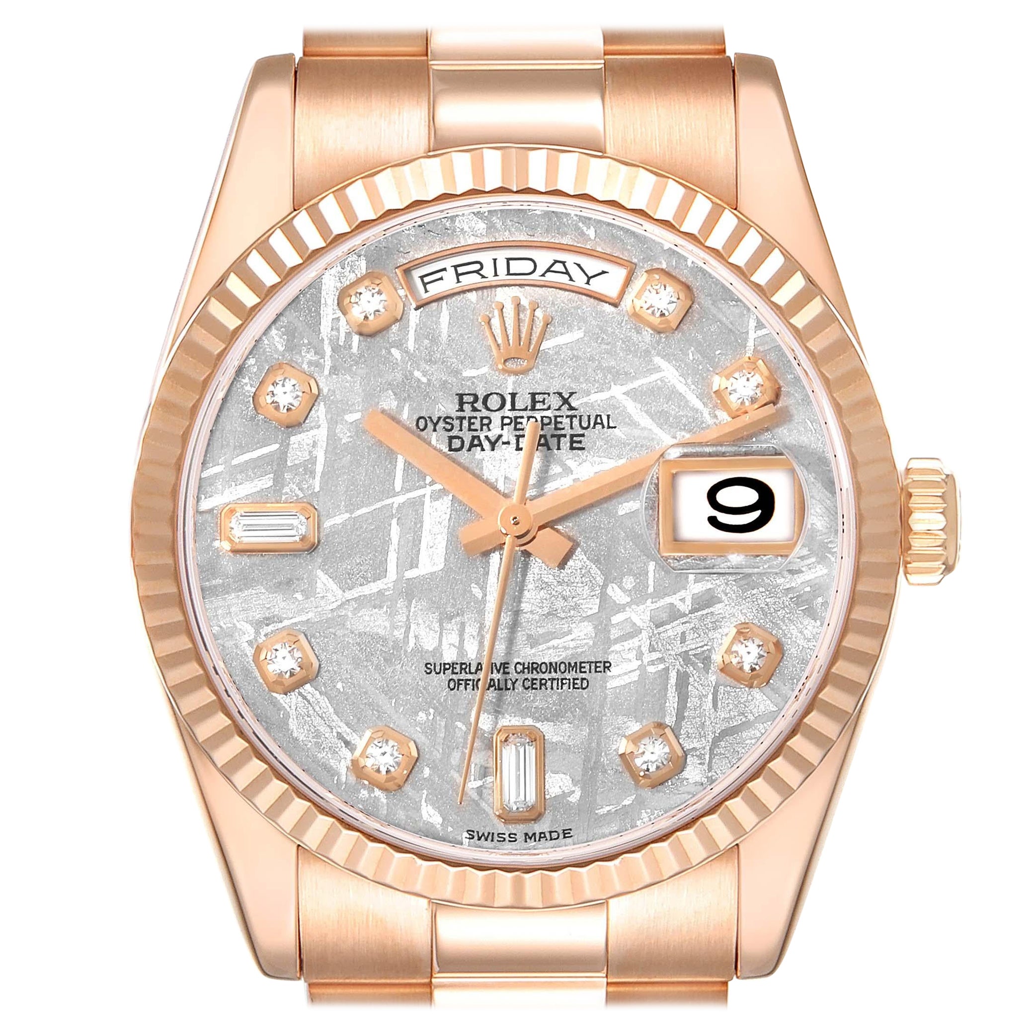 Rolex President Day-Date Rose Gold Meteorite Diamond Dial Mens Watch 118235 For Sale