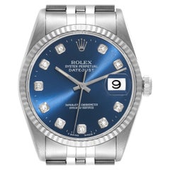 Vintage Rolex Datejust Blue Diamond Dial Steel White Gold Mens Watch 16234