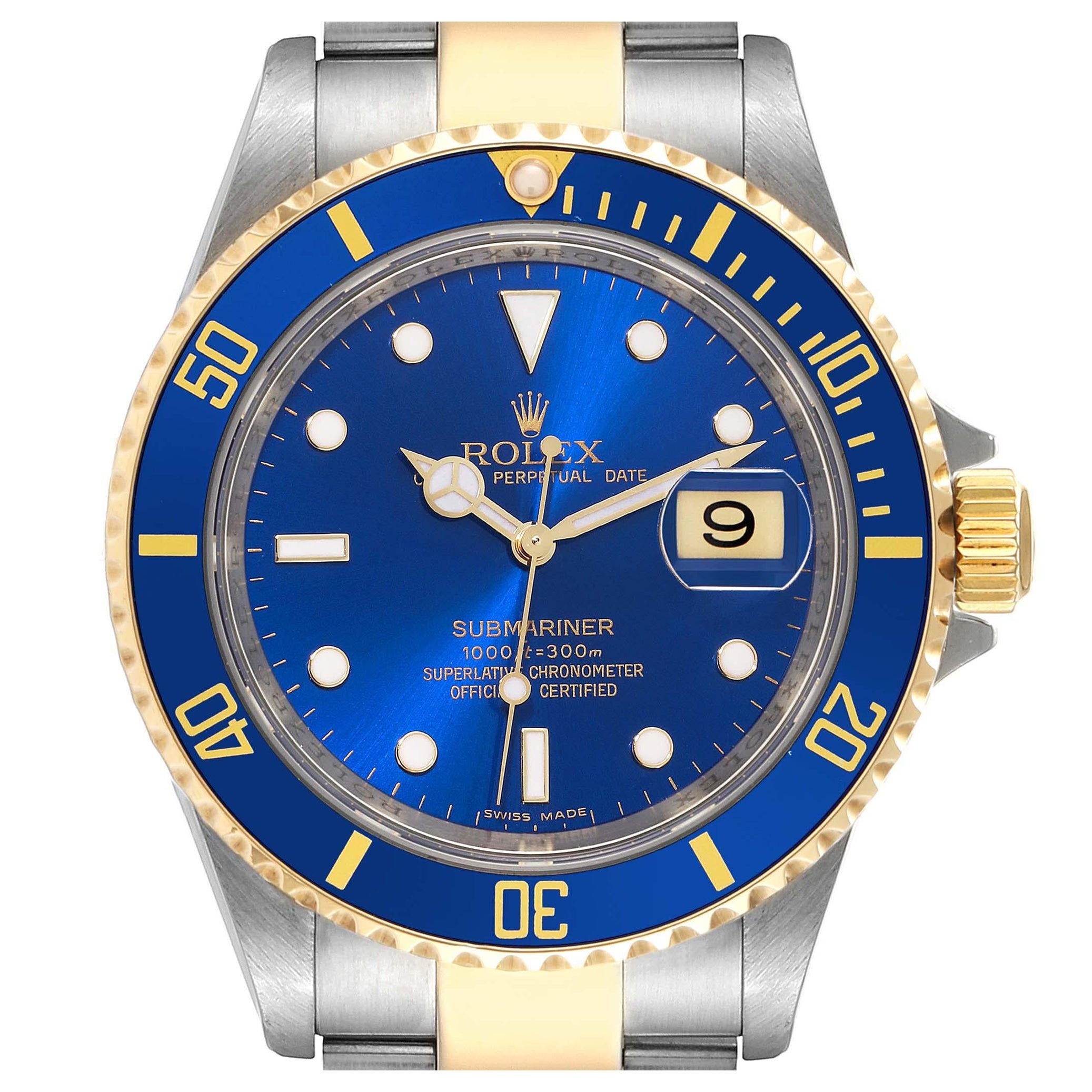 Rolex Submariner Blue Dial Steel Yellow Gold Mens Watch 16613 Box Card For Sale