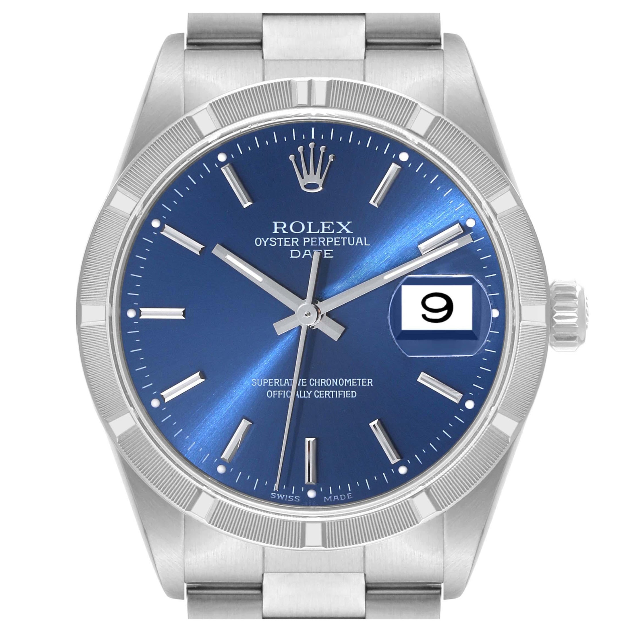 Rolex Date Blue Dial Engine Turned Bezel Steel Mens Watch 15210 Box Papers For Sale