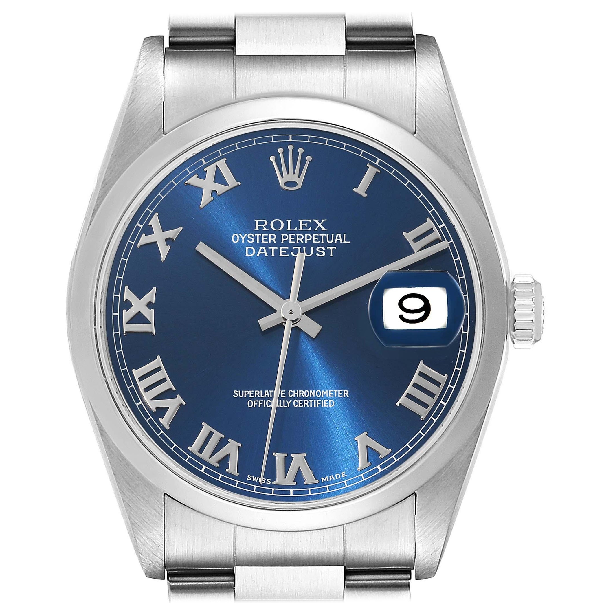 Rolex Datejust Blue Dial Smooth Bezel Steel Mens Watch 16200 Box Papers For Sale