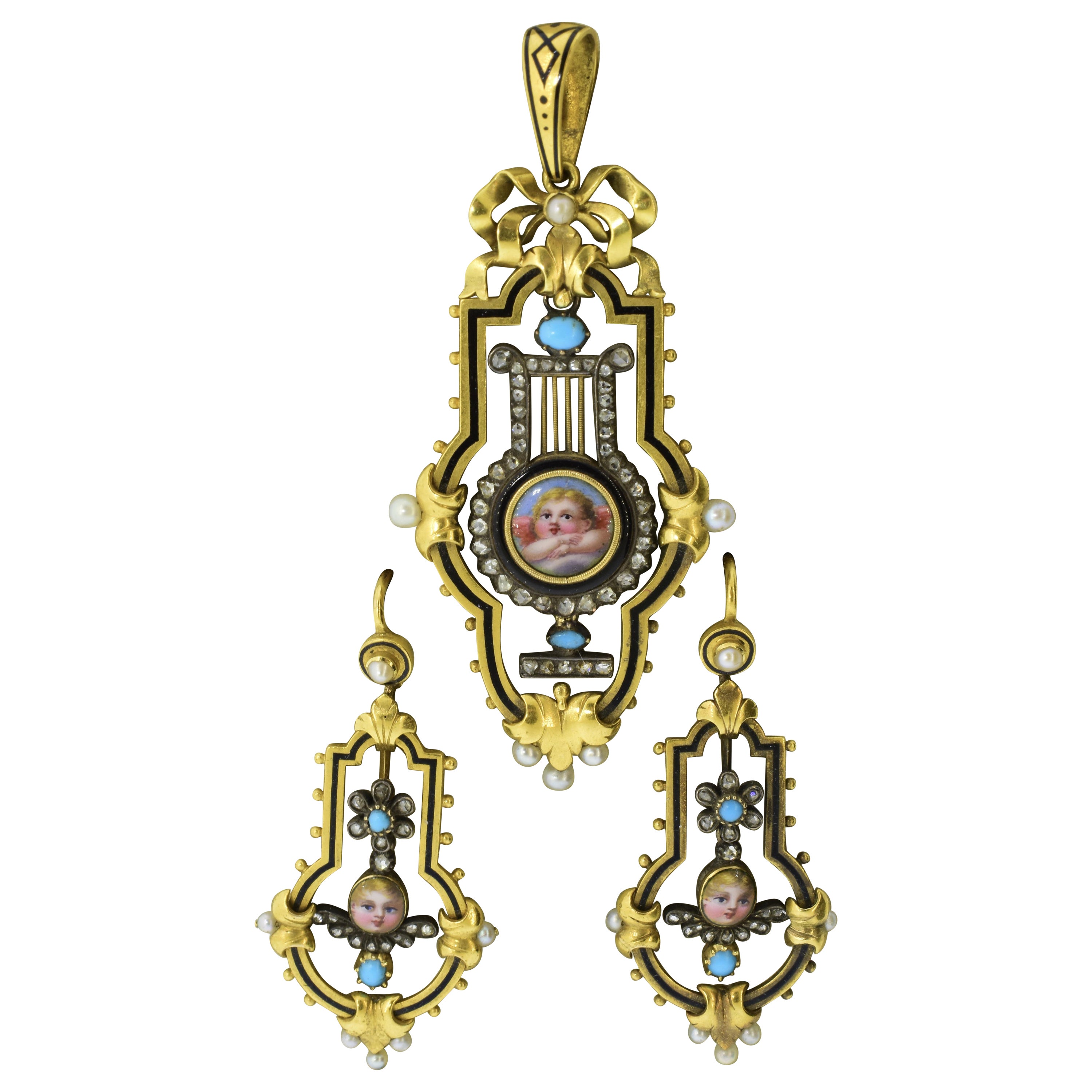 Antique Enamel, Diamond and Pearl Suite, Rowlands & Frazer, London, c. 1860 For Sale