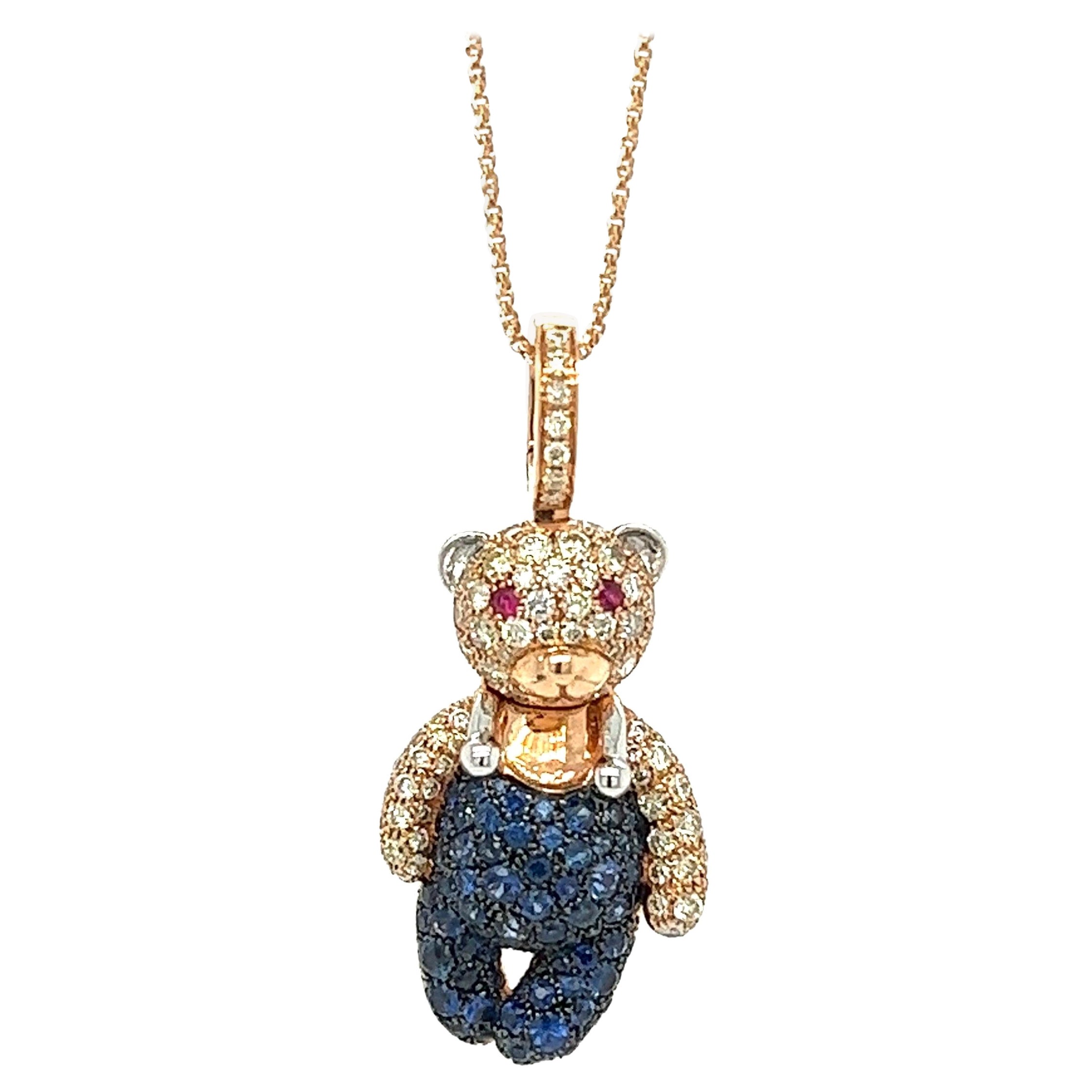 18K Gold Bear Necklace with Fancy Diamonds & Blue Sapphires For Sale