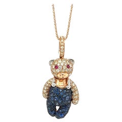 18 Karat Gold Bär-Halskette mit ausgefallenen Diamanten und blauen Saphiren
