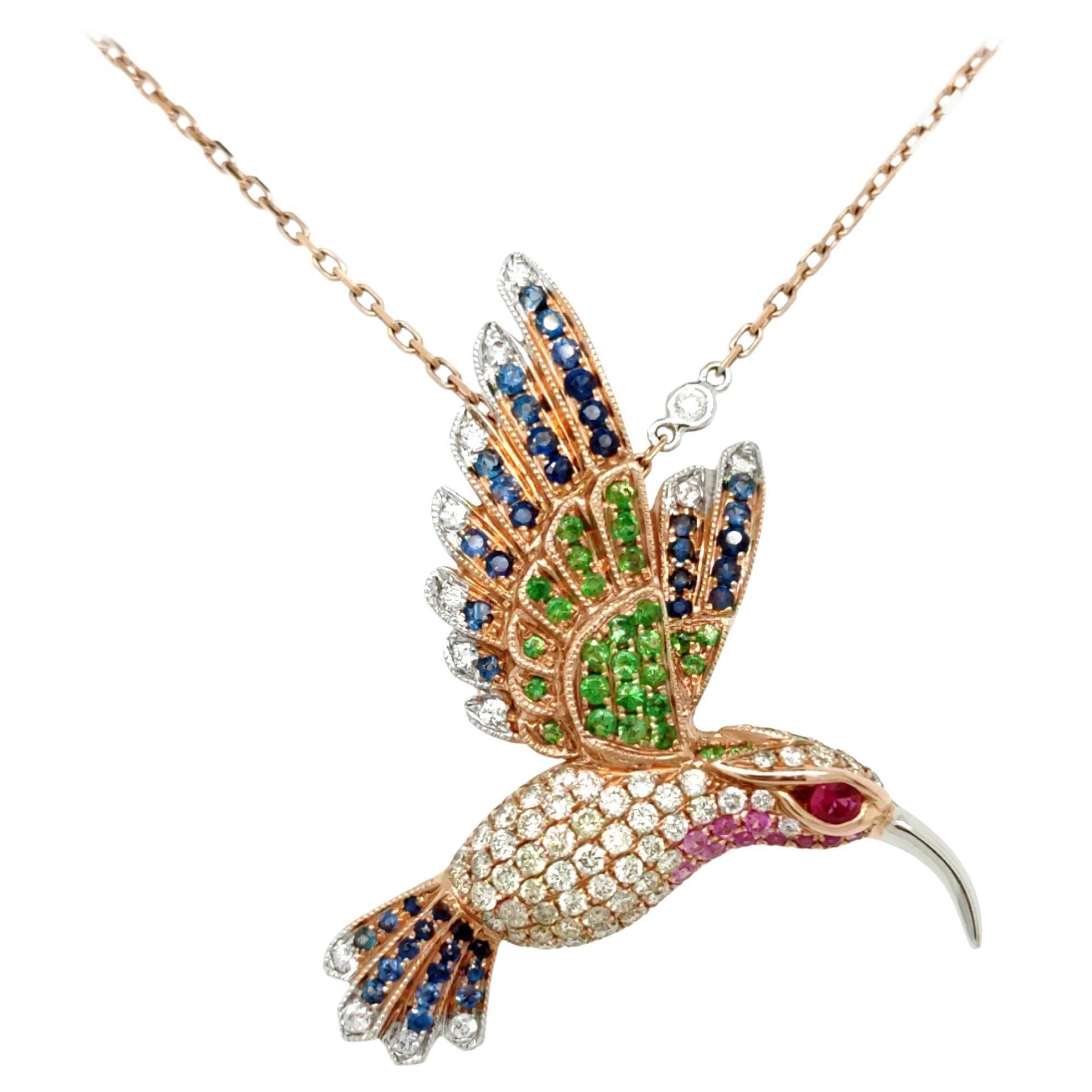 18K Rose Gold Hummingbird Colored Diamond Pendant Necklace with Blue Sapphires For Sale