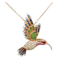 18K Rose Gold Hummingbird Colored Diamond Pendant Necklace with Blue Sapphires