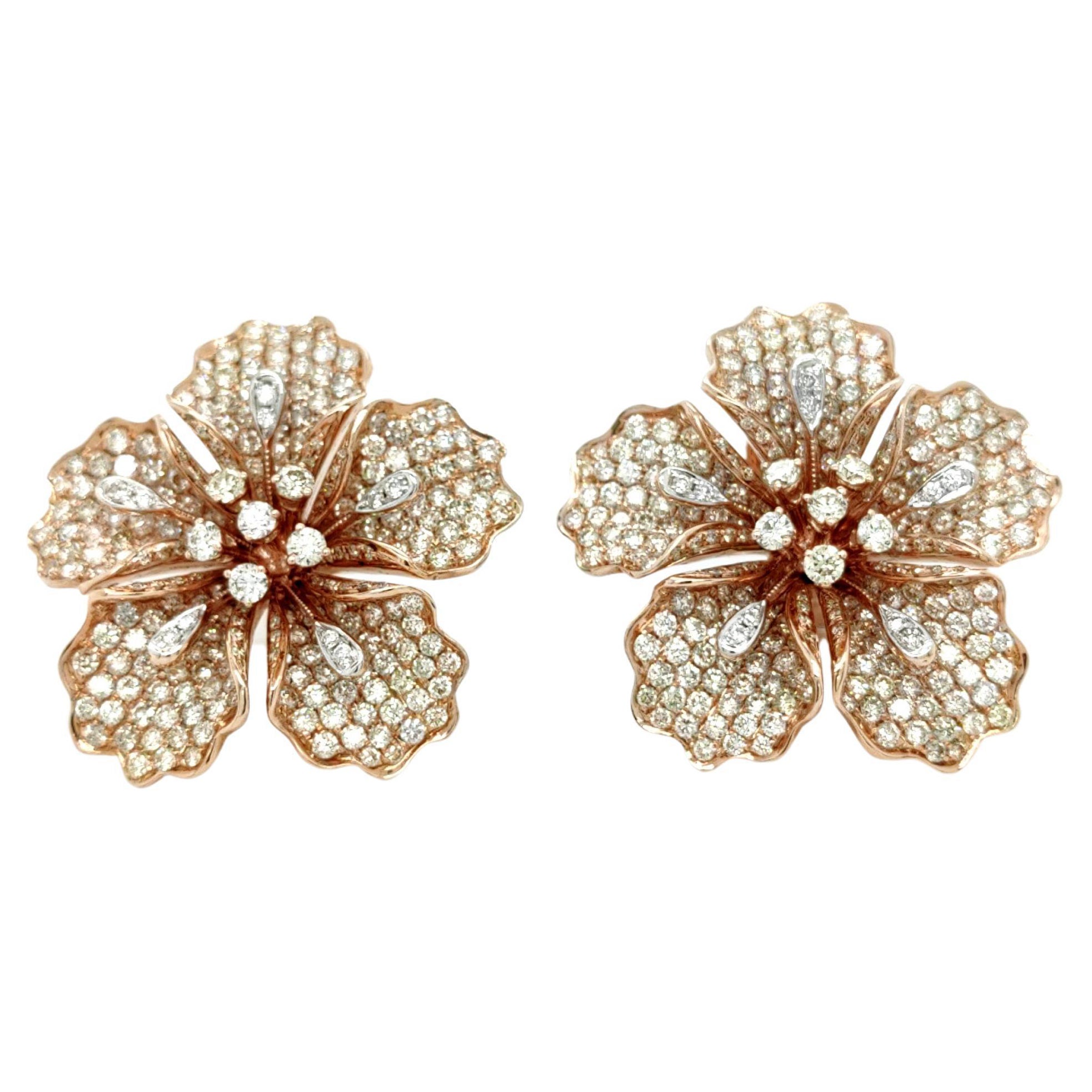 18K Rose Gold Azalea Flower Colored Diamond Earrings For Sale