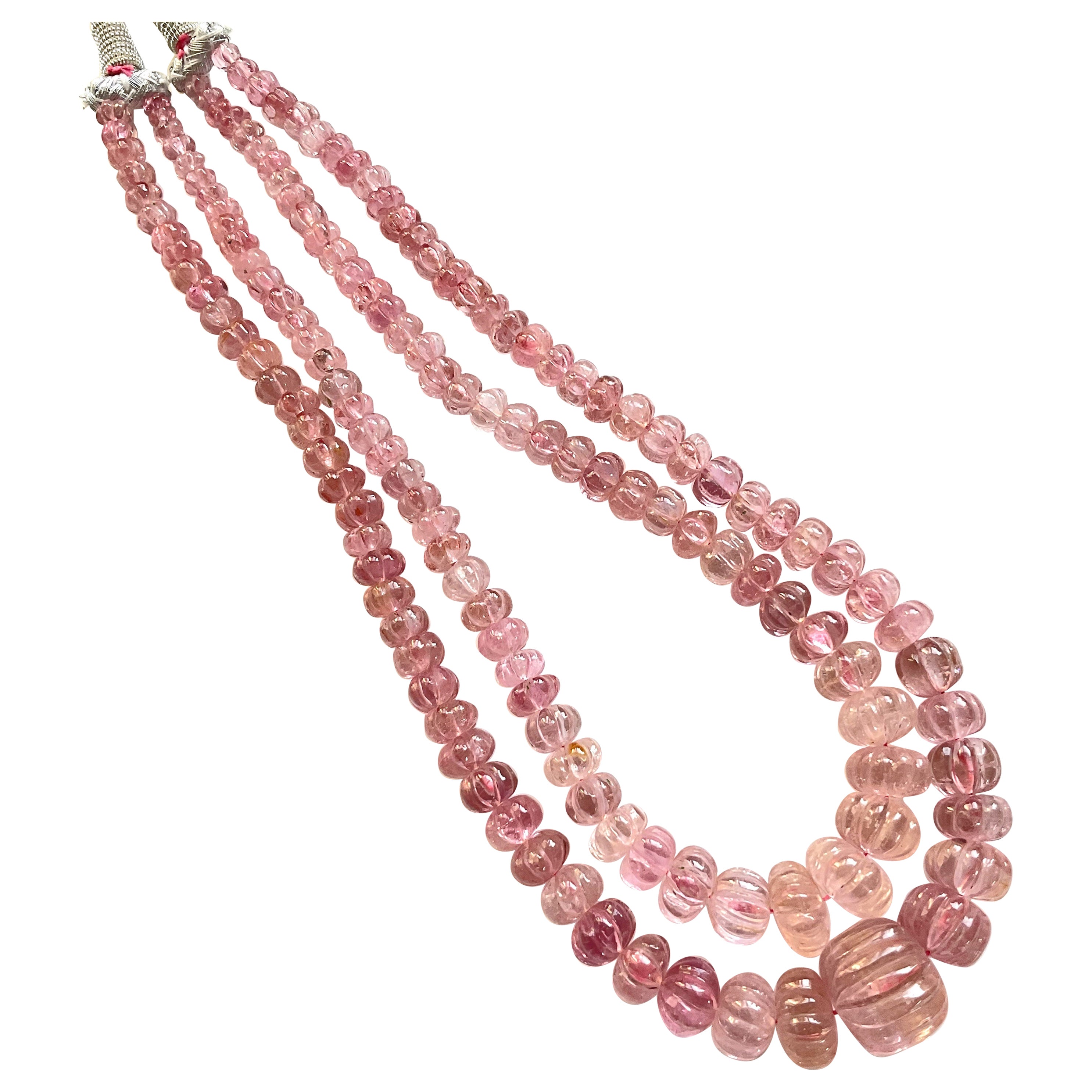 396.95 Carats pink Tourmaline carved melon beads necklace Jewelry Natural Gem For Sale