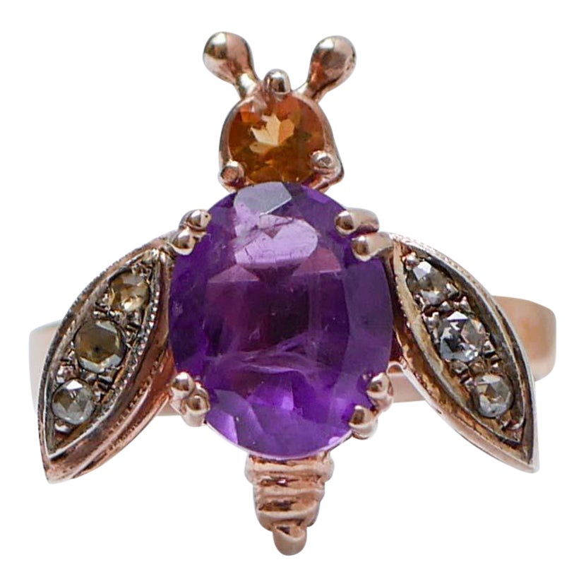 Fliegenring aus Amethyst, Topas, Diamanten, Roségold und Silber. im Angebot