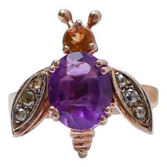 Vintage Amethyst, Topaz, Diamonds, Rose Gold and Silver Fly Ring.