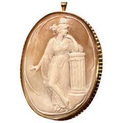 Goddess Cameo Pendant Brooch Necklace 18 Karat Gold Classical Vintage 2.5 Inches