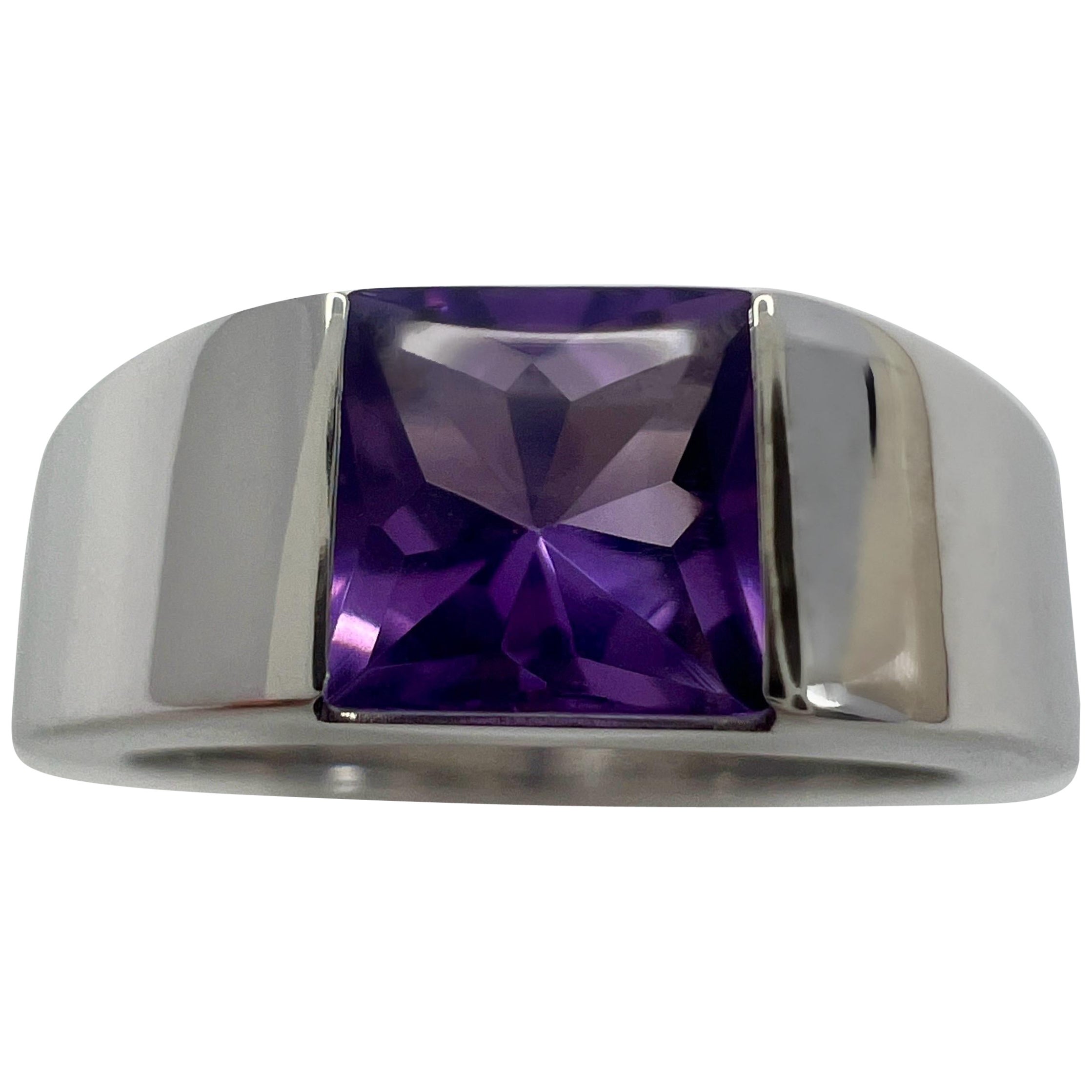 Vintage Cartier Deep Purple Amethyst 18k White Gold Tank Band Solo Ring 51  For Sale