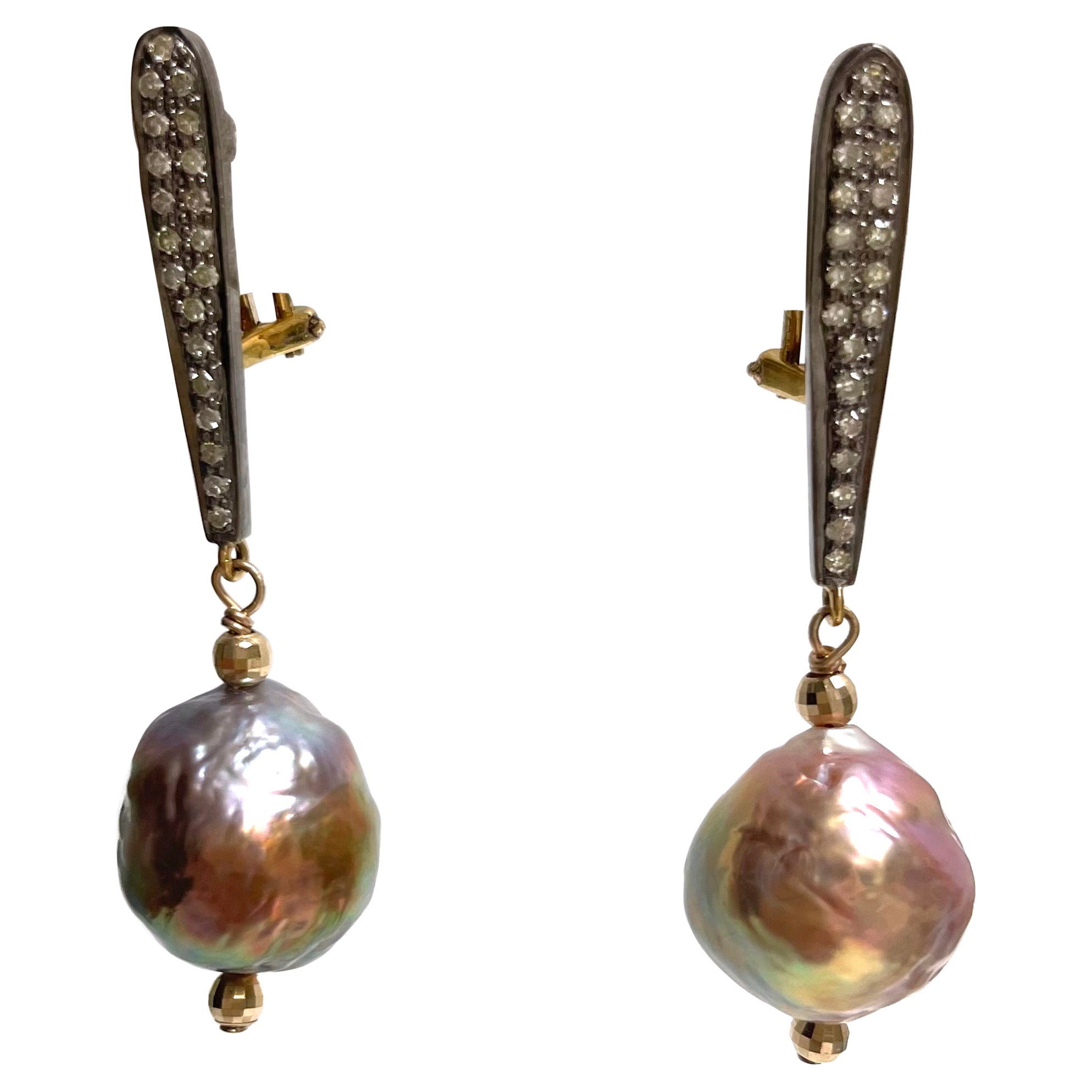 Pink Semi-Baroque Freshwater Pearls with Pave Diamonds Paradizia Earrings For Sale