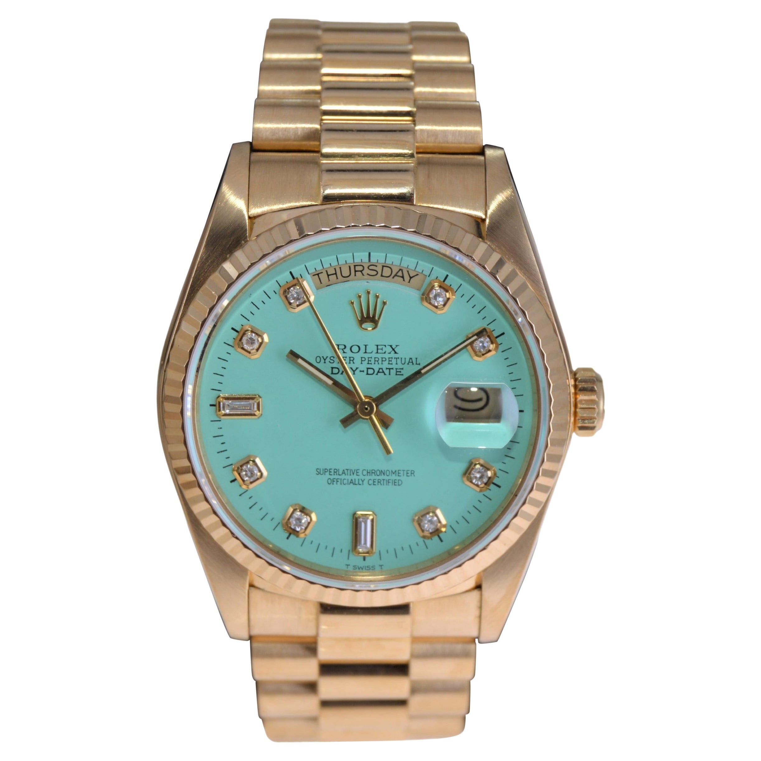 Rolex 18Kt. Gold President with Custom Tiffany Blue Diamond Marker Dial, 1980's For Sale