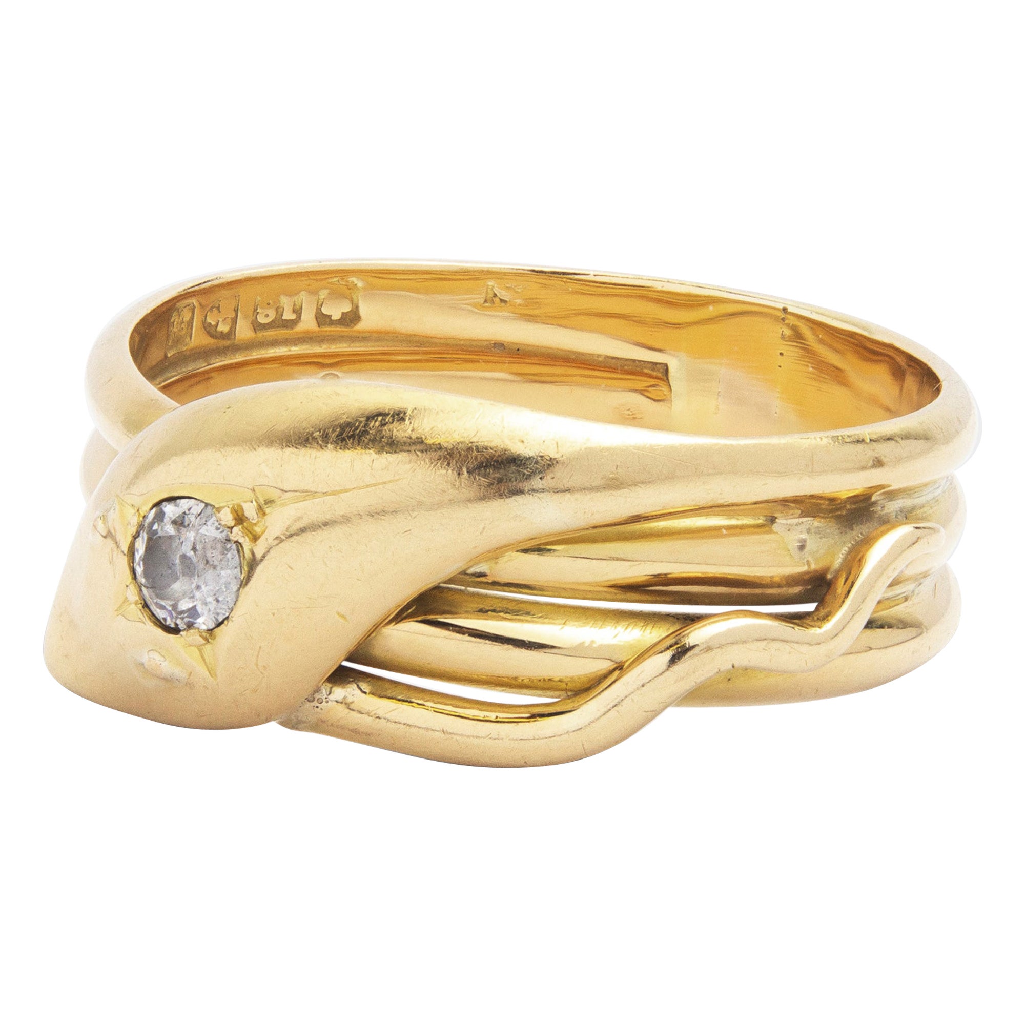 Edwardian 18 Karat Yellow Gold & Diamond Serpent Ring For Sale