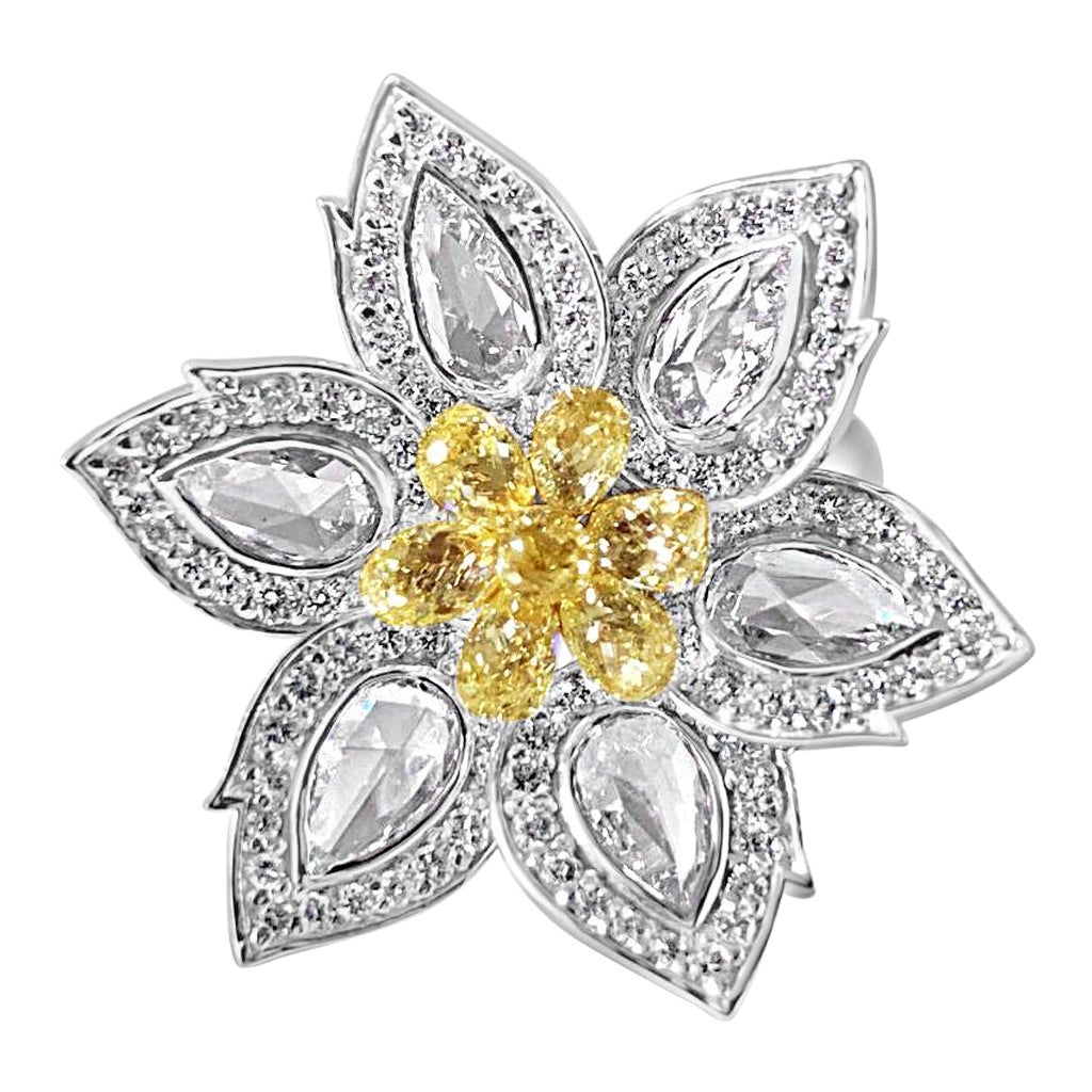 1.92 Carat Center Diamond and 1.34 Carat Briolette Diamond 18K Ring - The Daisy For Sale