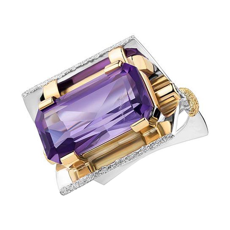 Paul Amey Sterling Silver and 9K yellow Gold Amethyst Split "Wing" Ring For Sale