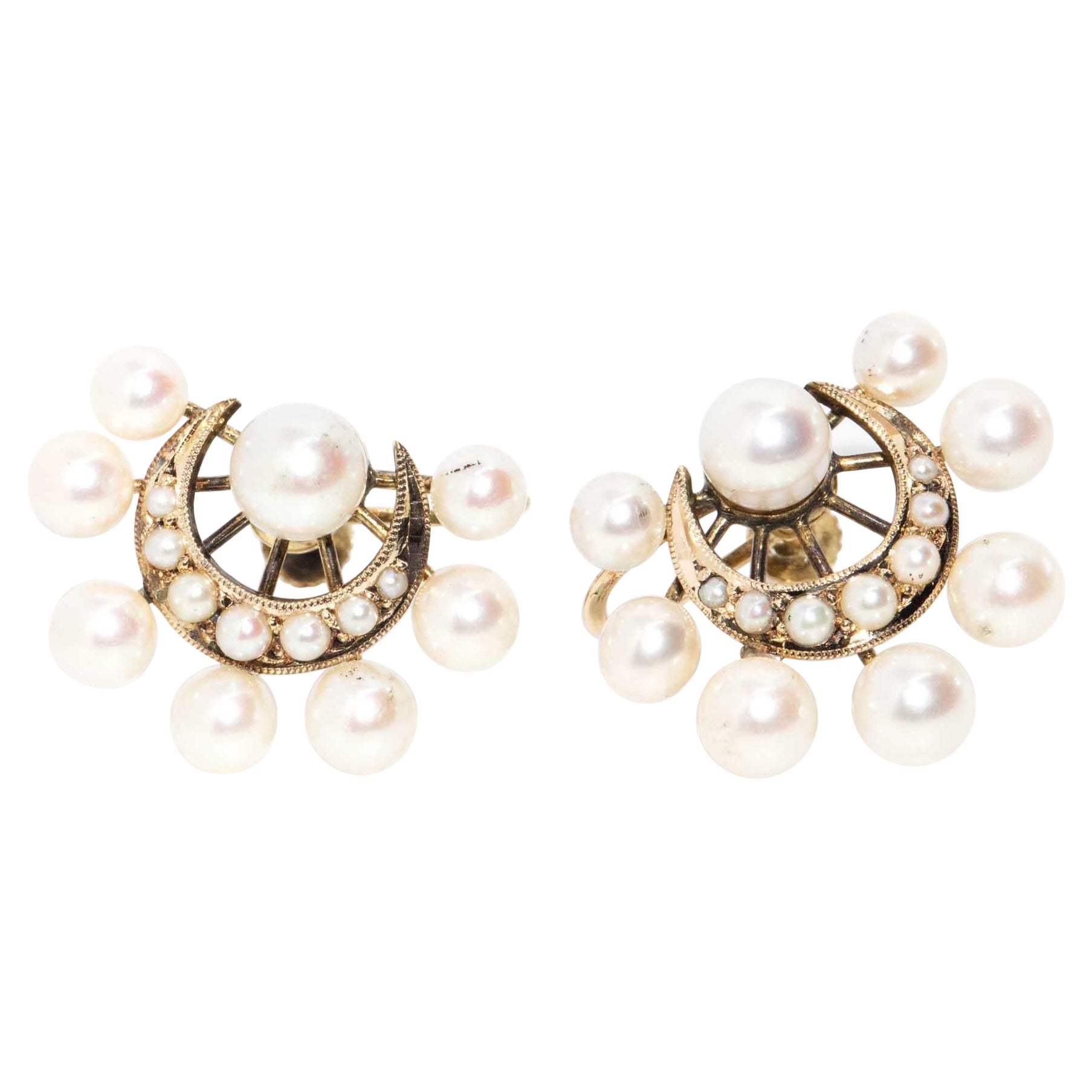 Antique Victorian Era Pearl & Seed Pearl Moon Cluster Earrings 14 Carat Gold For Sale