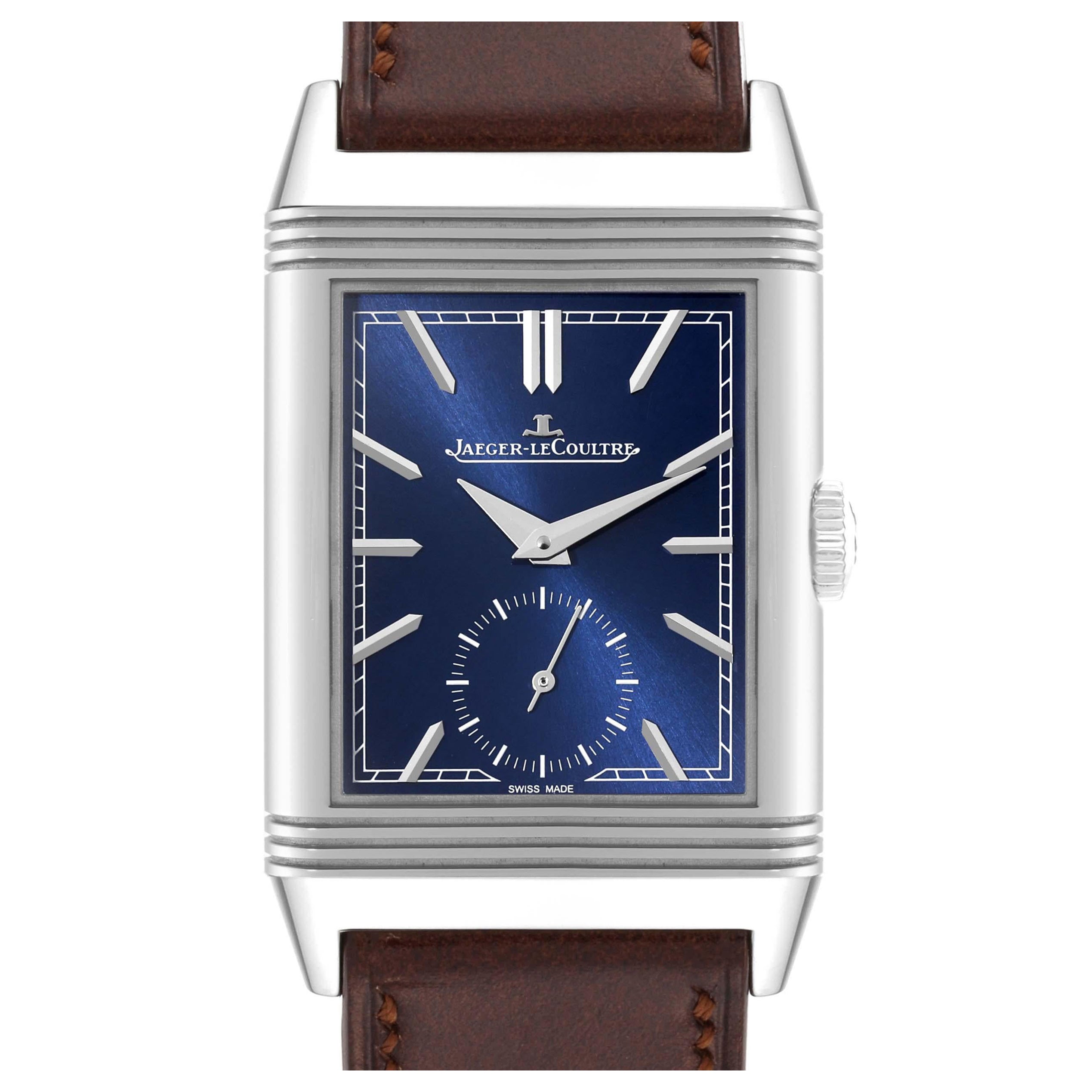 Jaeger LeCoultre Reverso Tribute Blue Dial Steel Mens Watch 214.8.62 Q3978480 For Sale