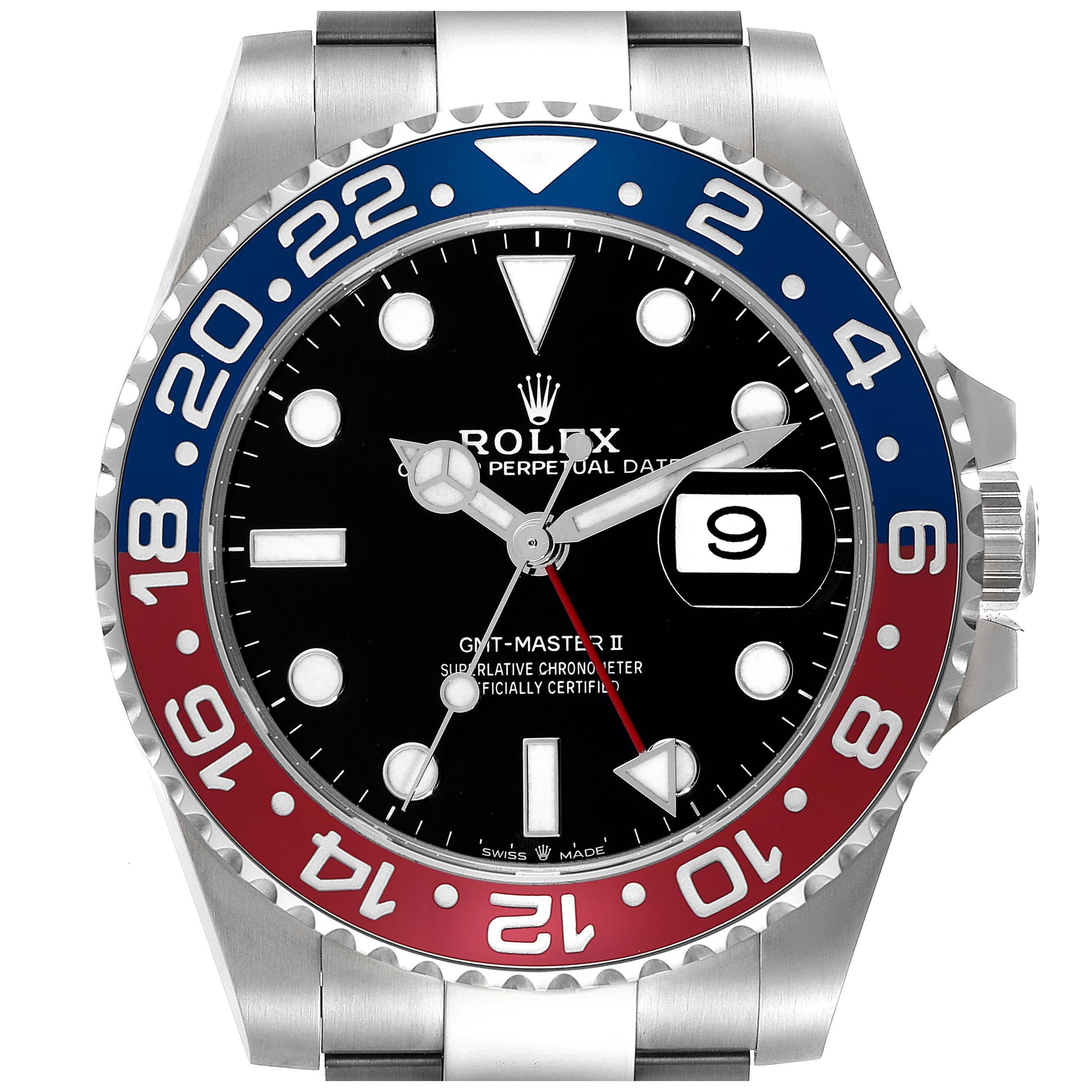 Rolex GMT Master II Blau Rot Pepsi Lünette Stahl Herrenuhr 126710 Ungetragen im Angebot