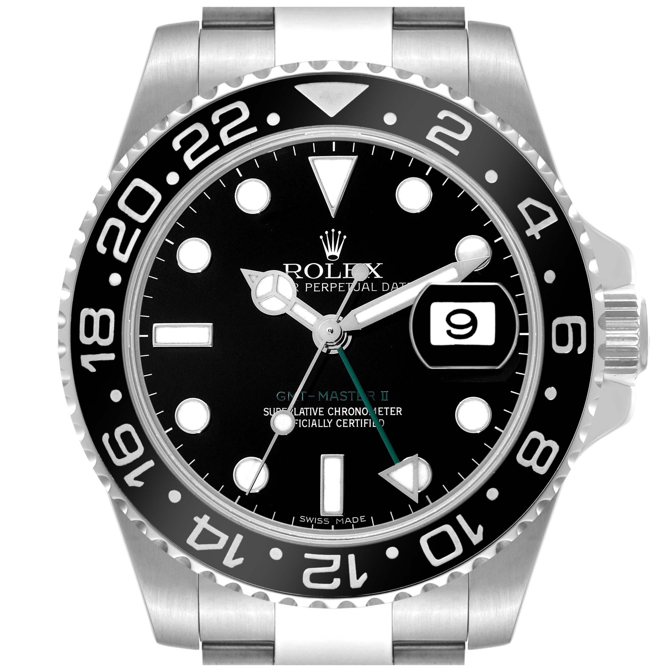 Rolex GMT Master II Black Dial Green Hand Steel Mens Watch 116710 Box Card For Sale