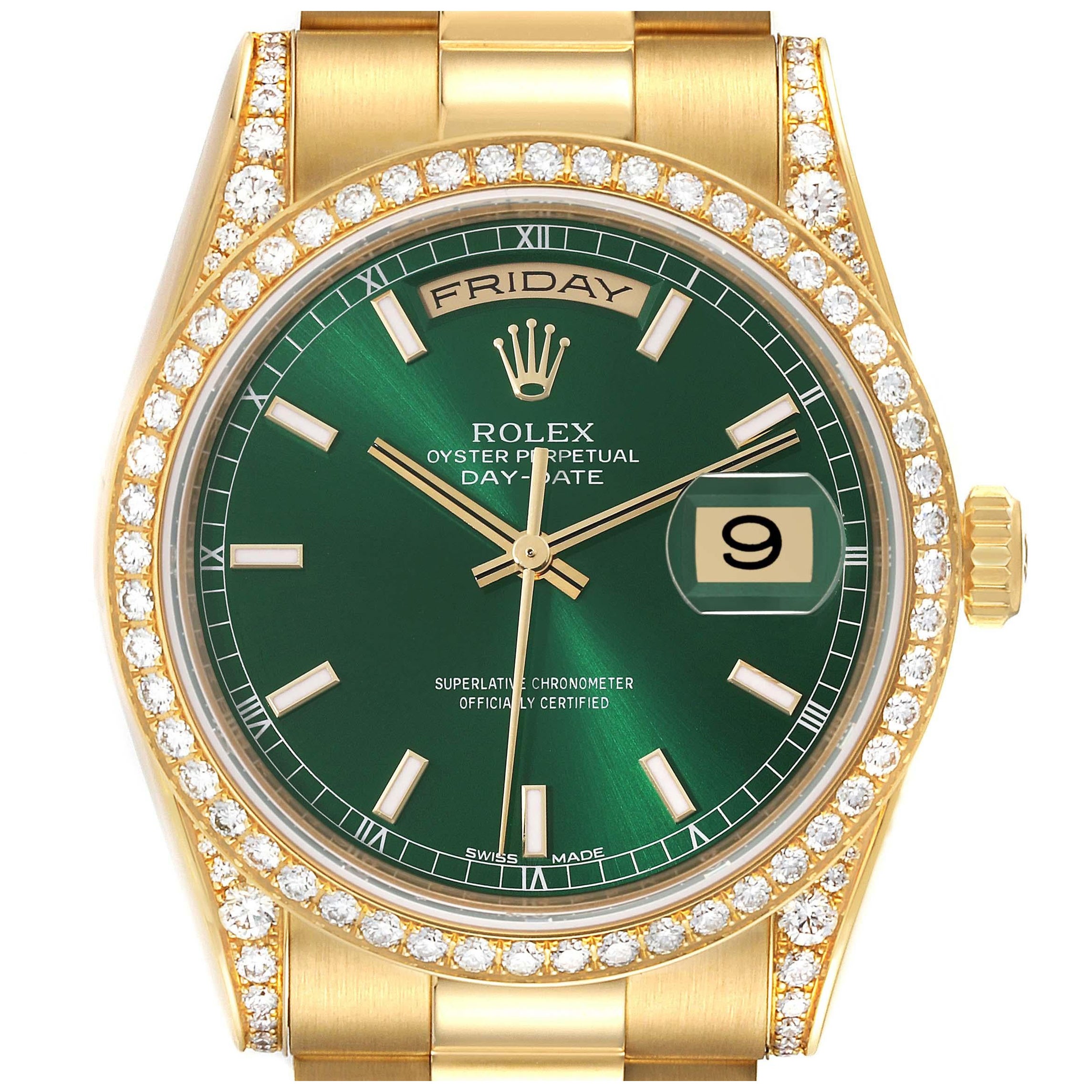 Rolex President Day-Date 36 Yellow Gold Diamond Mens Watch 118388 Box Card For Sale