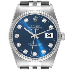 Rolex Datejust Blue Diamond Dial Steel White Gold Mens Watch 16234