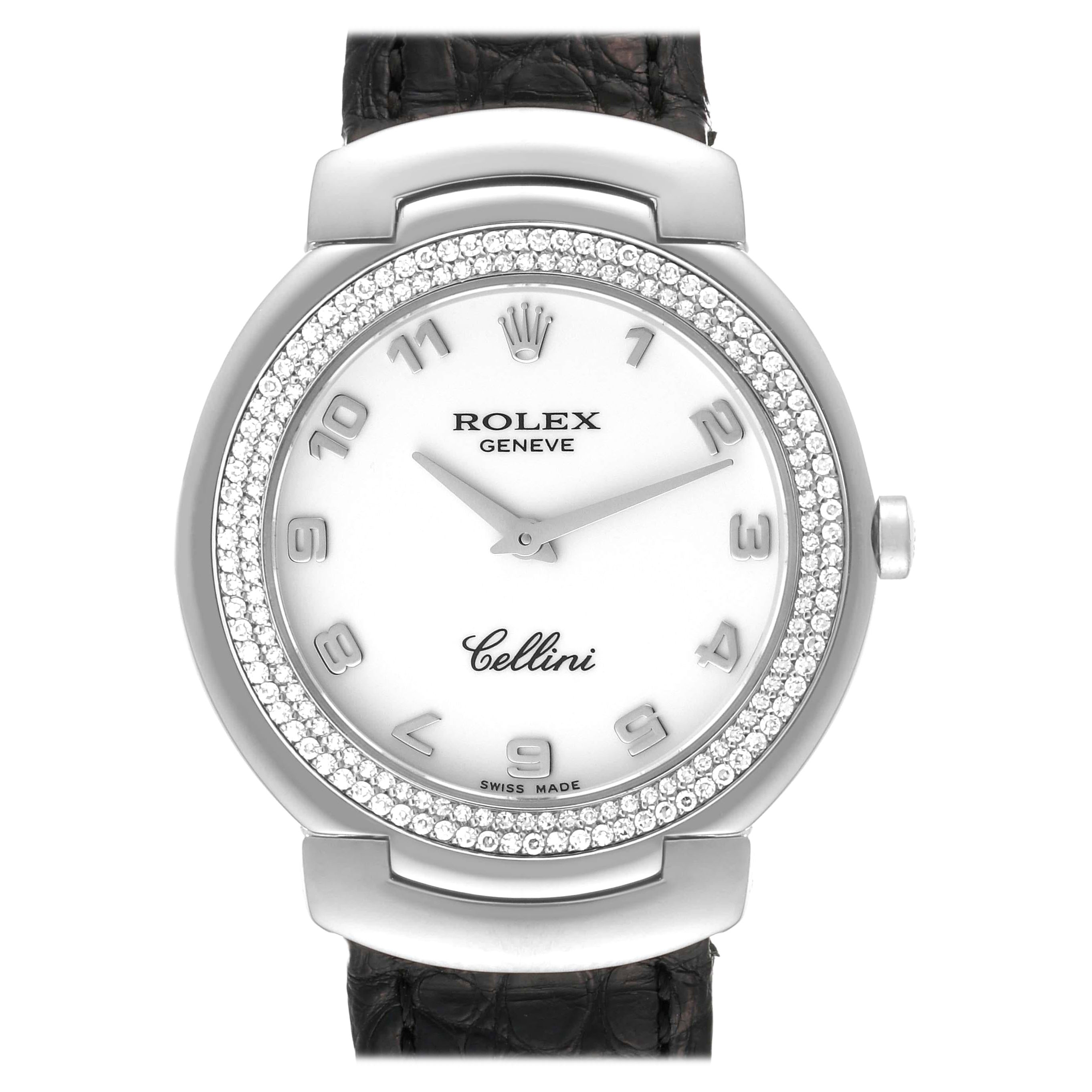 Rolex Cellini Weißgold Damenuhr 6681 mit schwarzem Riemen und Diamanten im Angebot