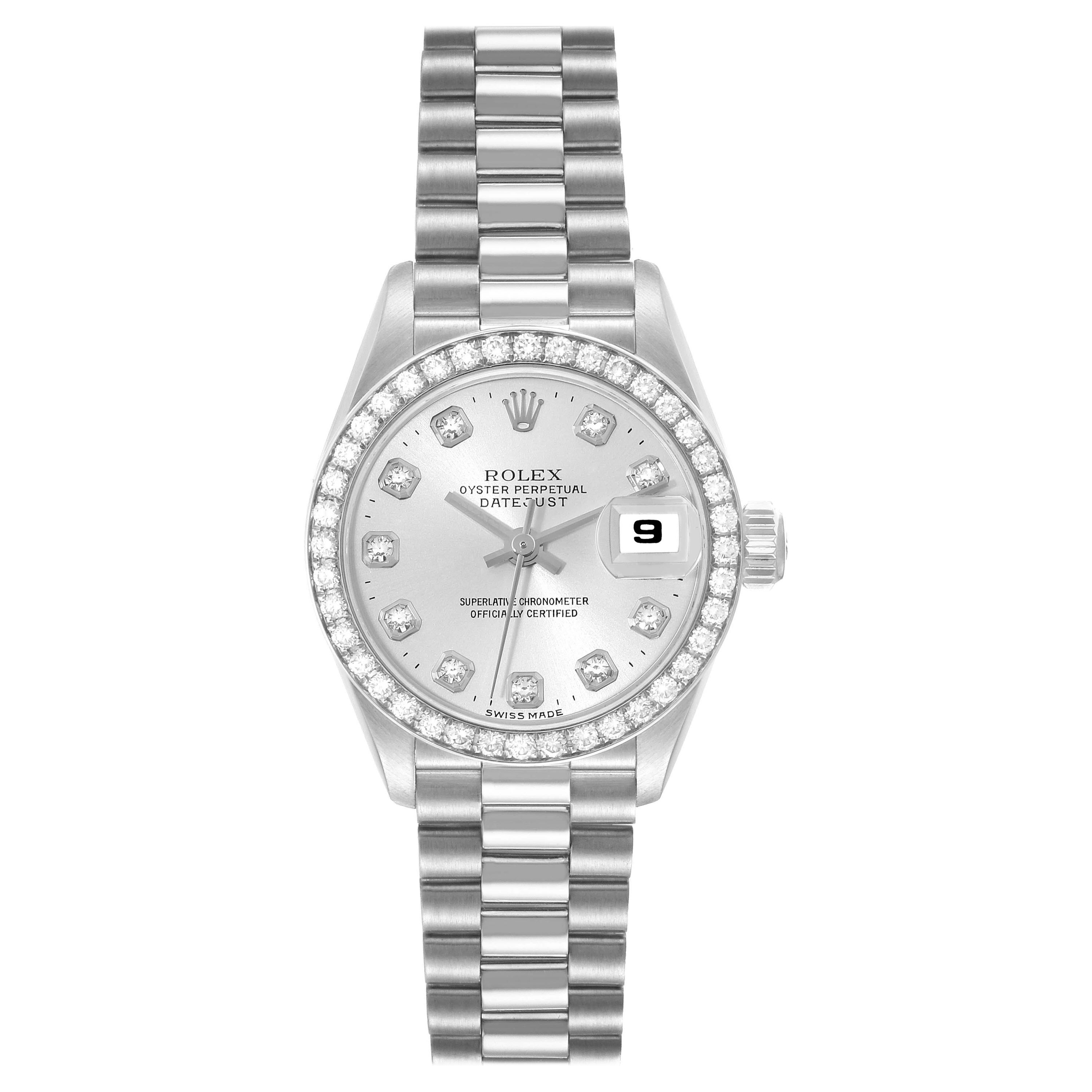 Rolex President Platinum Silver Dial Diamond Ladies Watch 69136 For Sale