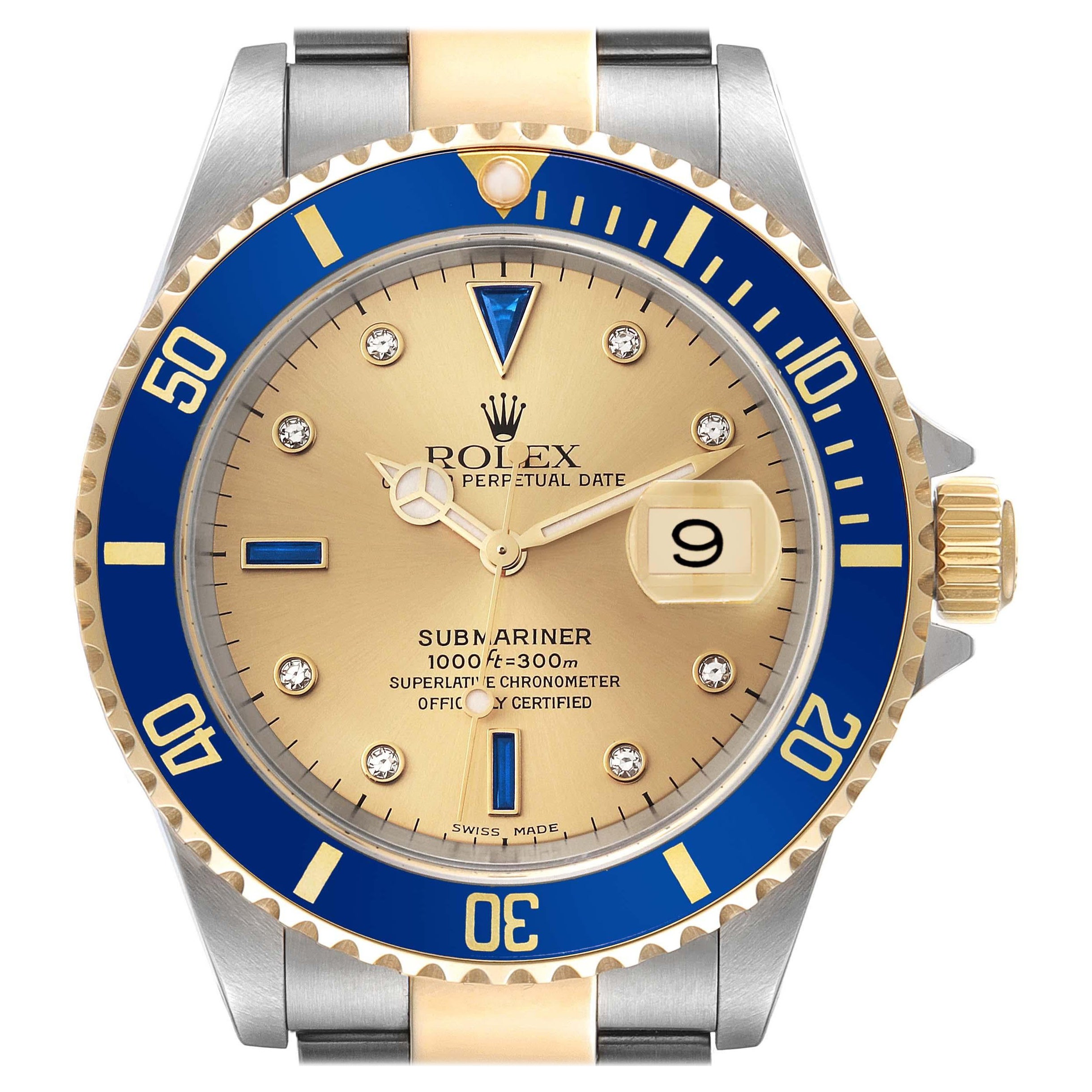 Rolex Submariner Steel Yellow Gold Diamond Sapphire Serti Dial Mens Watch