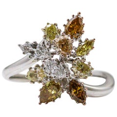 White Yellow Golden Champagne Colored Fancy Cut Diamonds Gold Ring