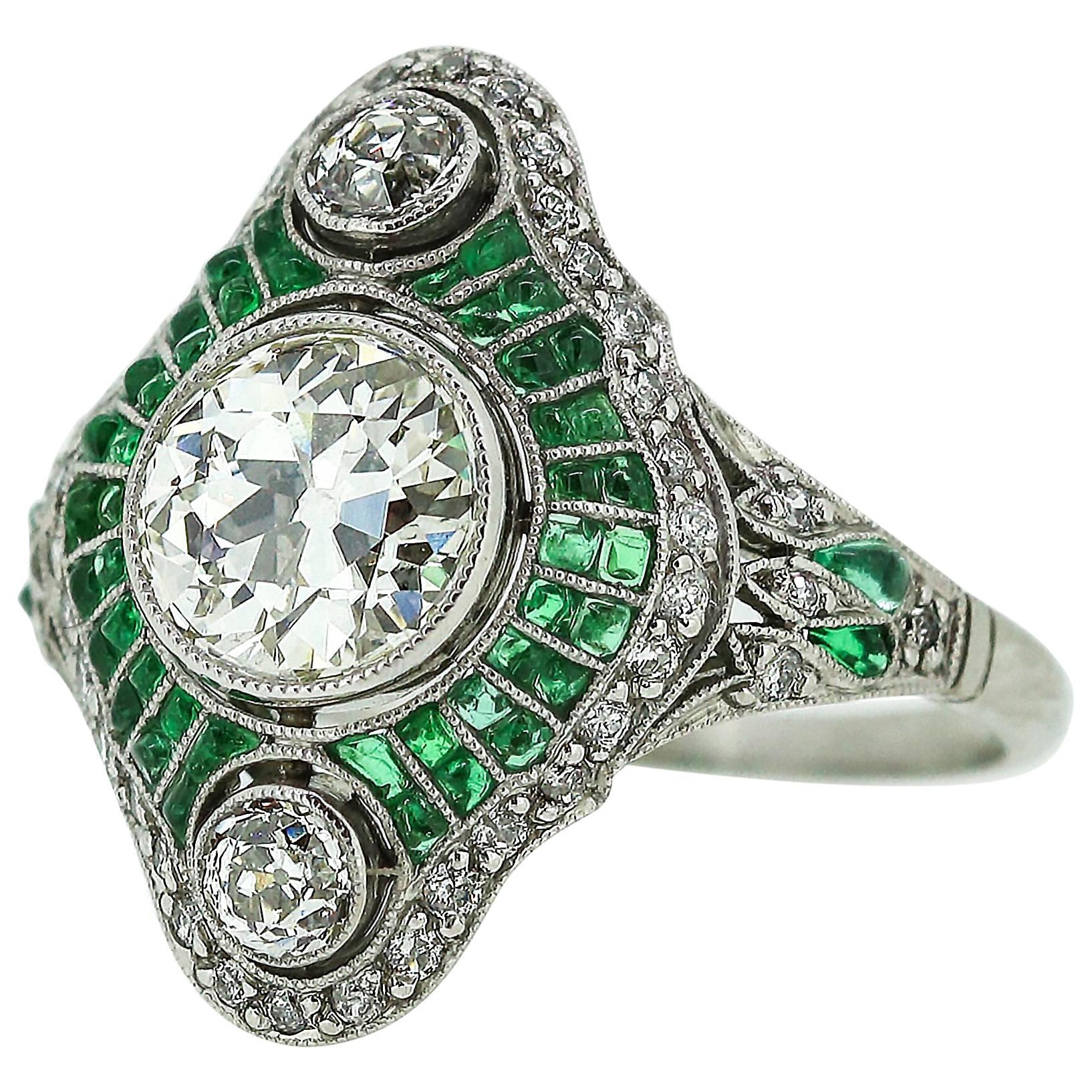  European Cut Emerald Diamond Platinum Dinner Ring