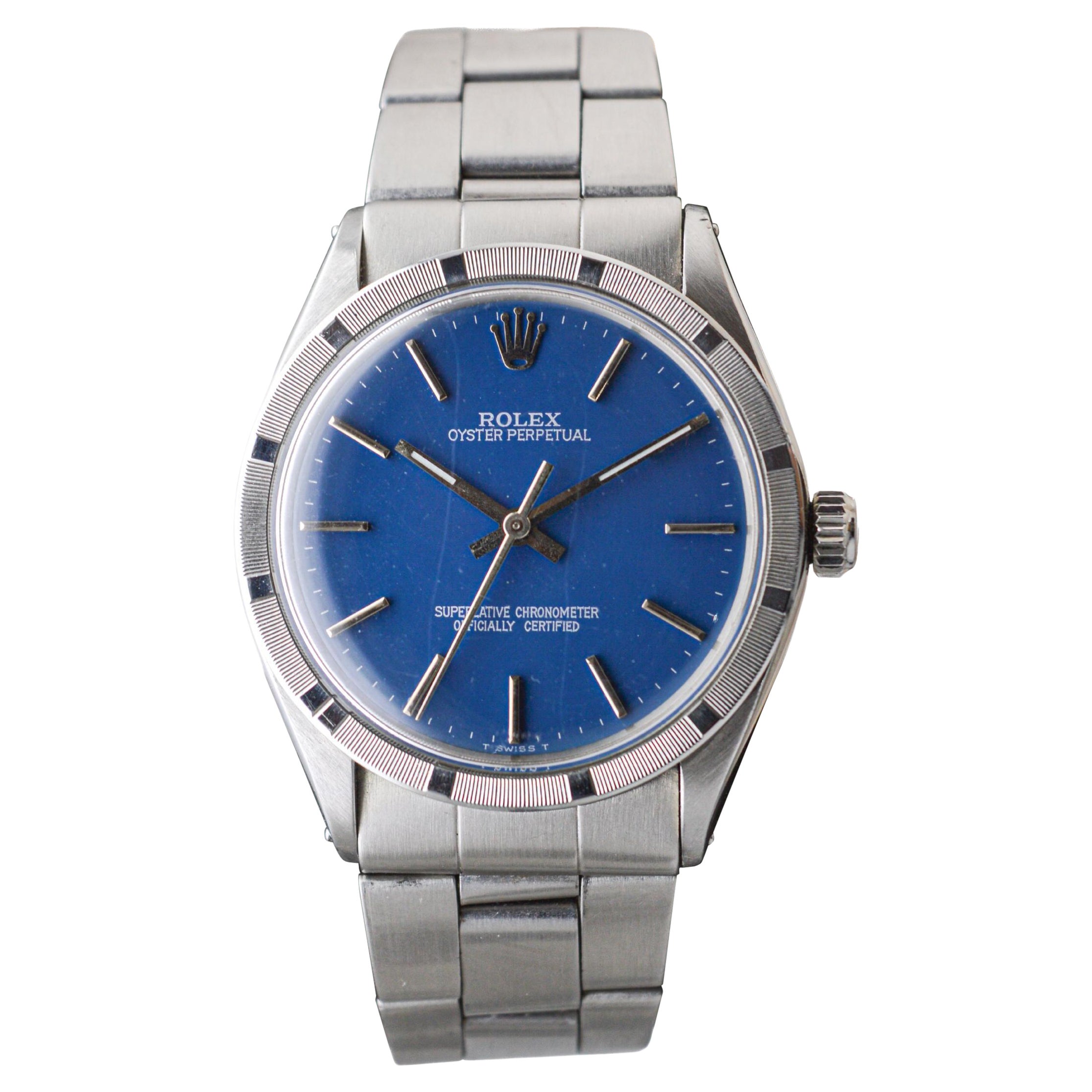 Rolex Steel Oyster Perpetual Thunderbird Bezel Custom Blue Dial, Early 1970's For Sale