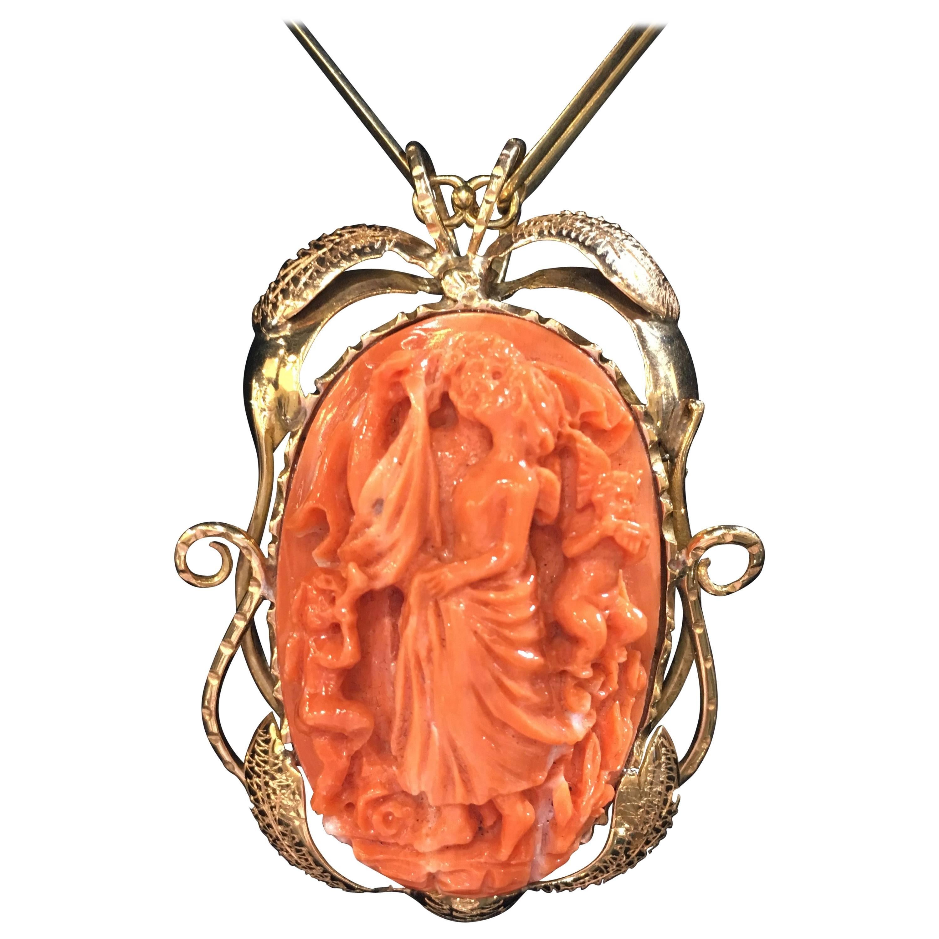 Large Carved Coral Gold Pendant  For Sale
