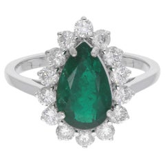 Pear Zambian Emerald Gemstone Cocktail Ring Diamond 14 Karat White Gold Jewelry