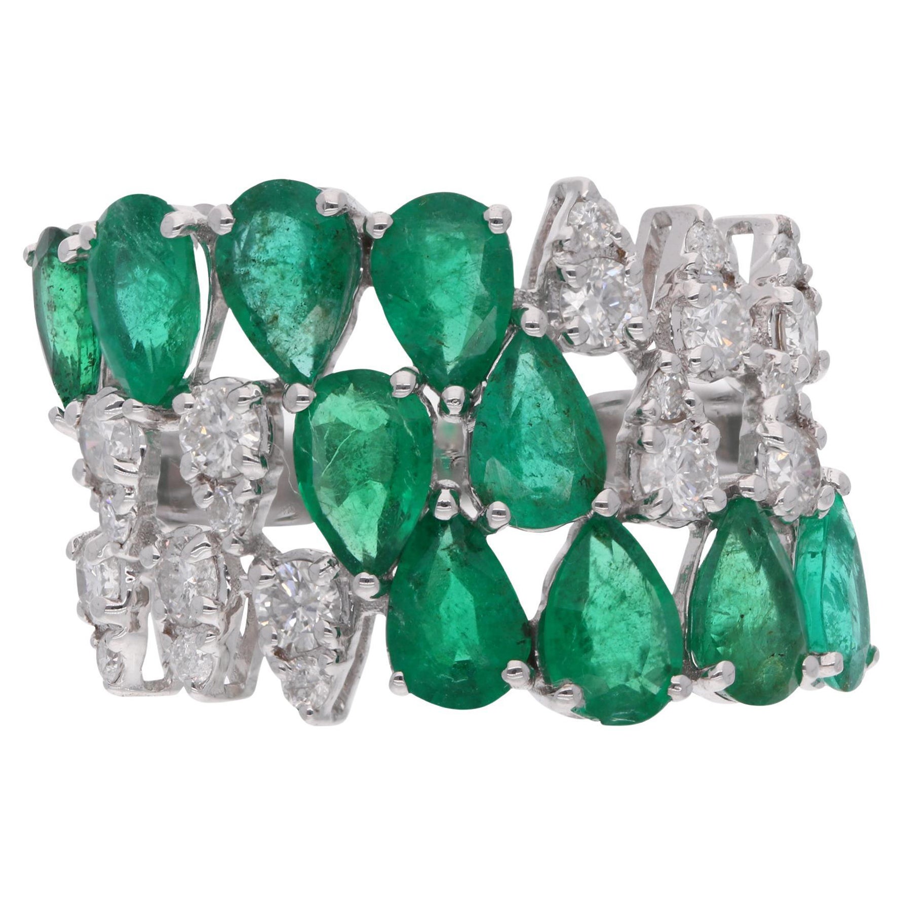 Zambian Emerald Gemstone Cocktail Ring 14 Karat White Gold SI/HI Diamond Jewelry