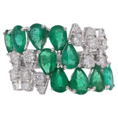 Used Zambian Emerald Gemstone Cocktail Ring 14 Karat White Gold SI/HI Diamond Jewelry